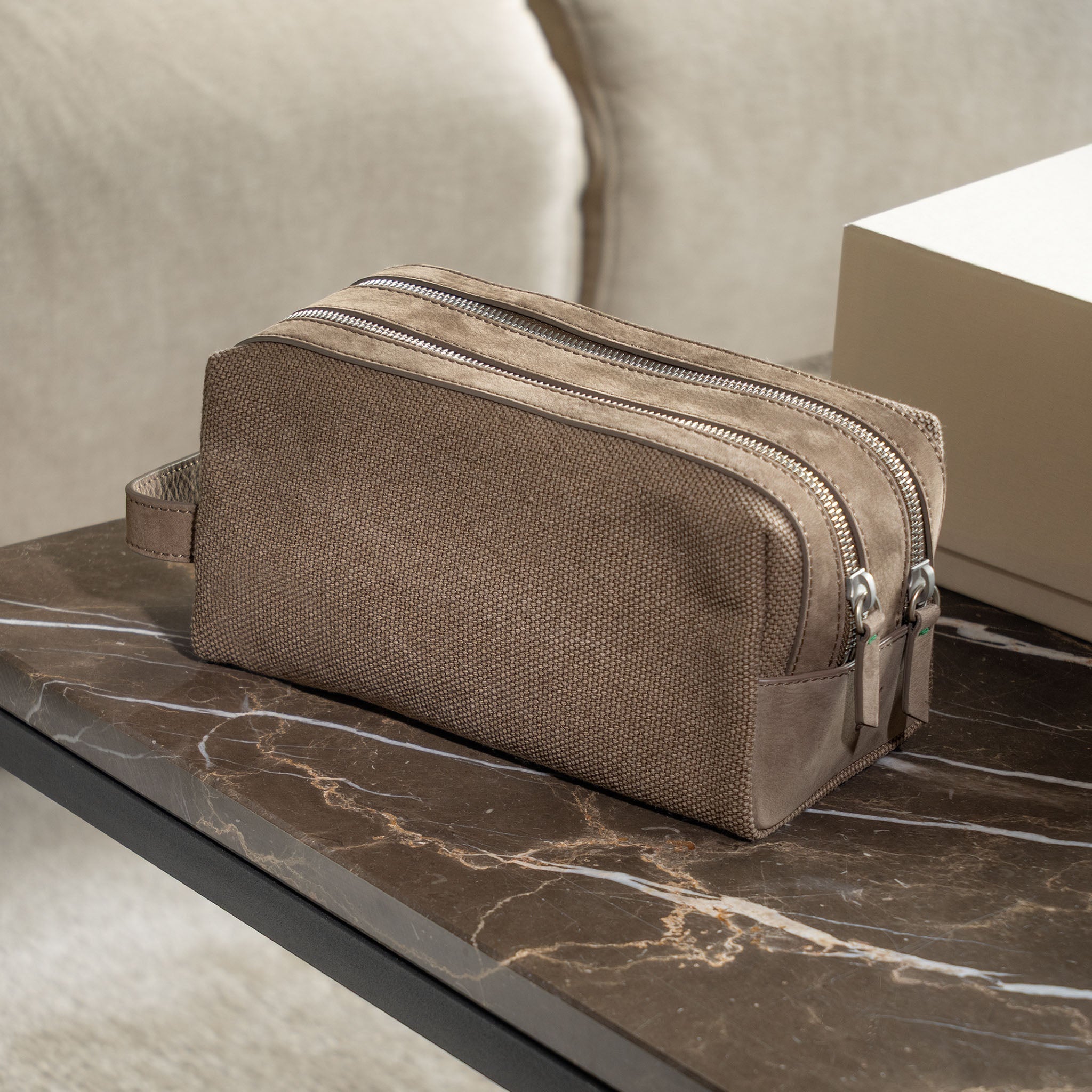 Rolex Toiletry Bag Taupe Coloured in Canvas and Suede