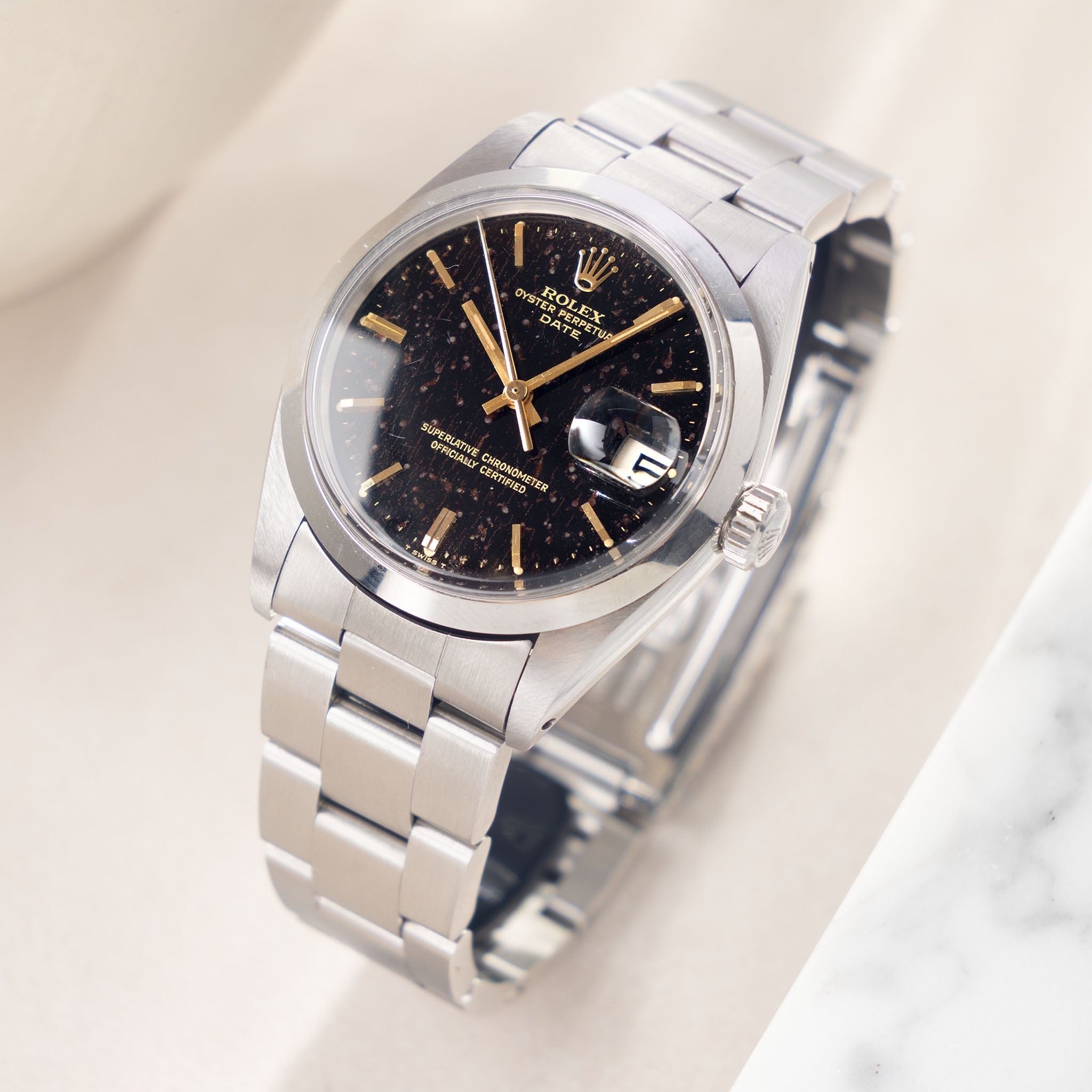 Rolex Oyster Perpetual Date 1500 Tropical Gilt Dial with Original Chronometer Paper