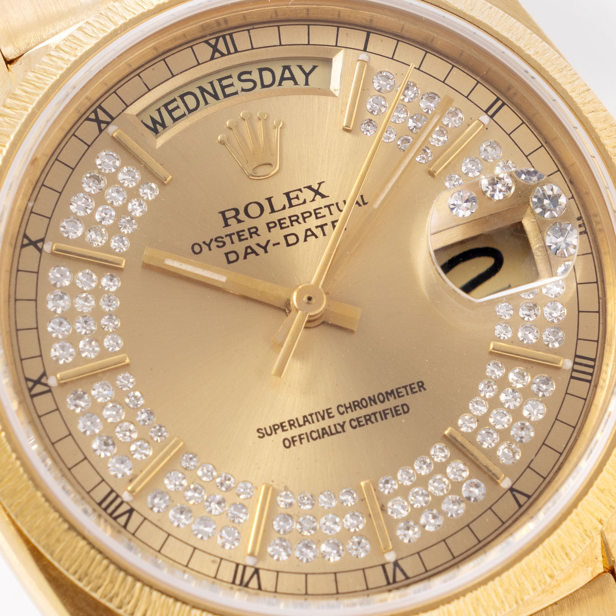 Rolex Day-Date Ref. 18078 Champagne String Diamond Dial with Bark Finish in 18k Yellow Gold