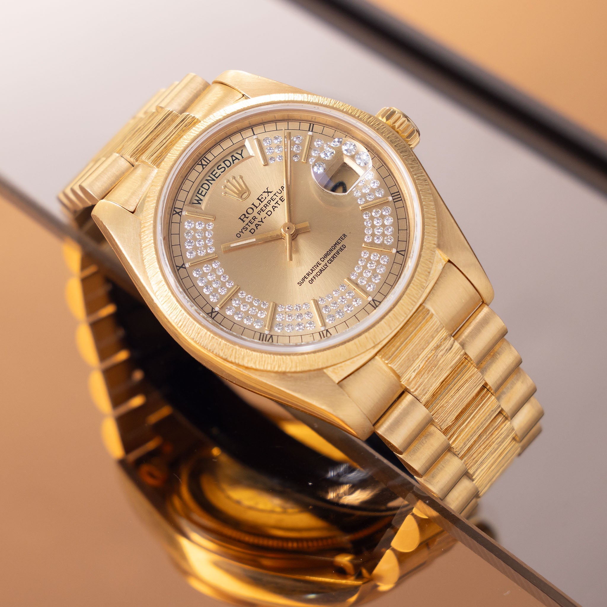 Rolex Day-Date Ref. 18078 Champagne String Diamond Dial with Bark Finish in 18k Yellow Gold