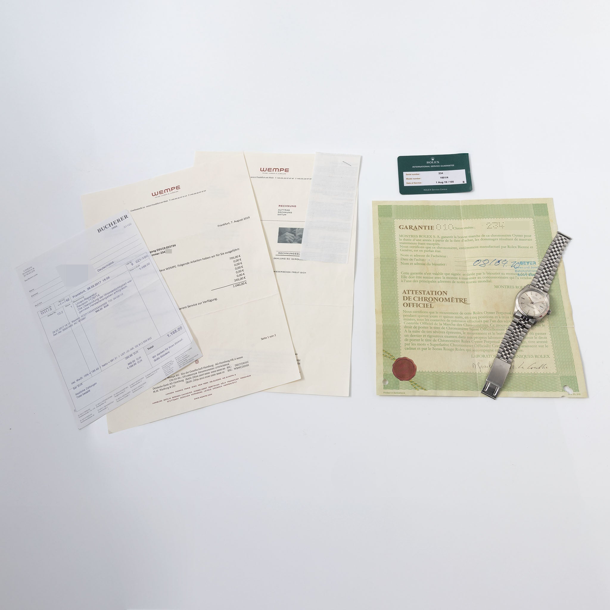 Rolex Datejust 1601 Silver Soleil Dial with Original Punched Paper and Rolex Service Card