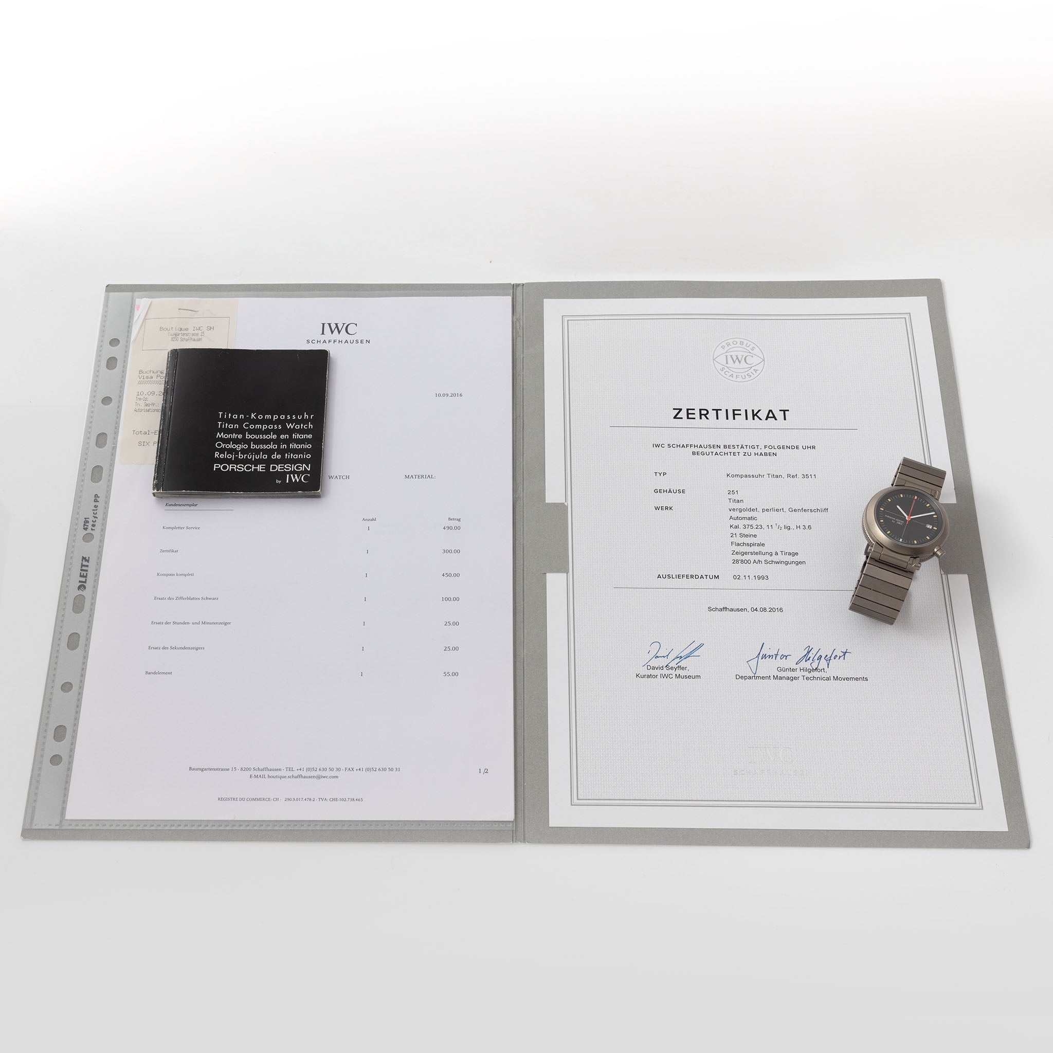 IWC/Porsche design compass watch in titanium ref 3511 with certificate of Authenticity paper and IWC service invoice
