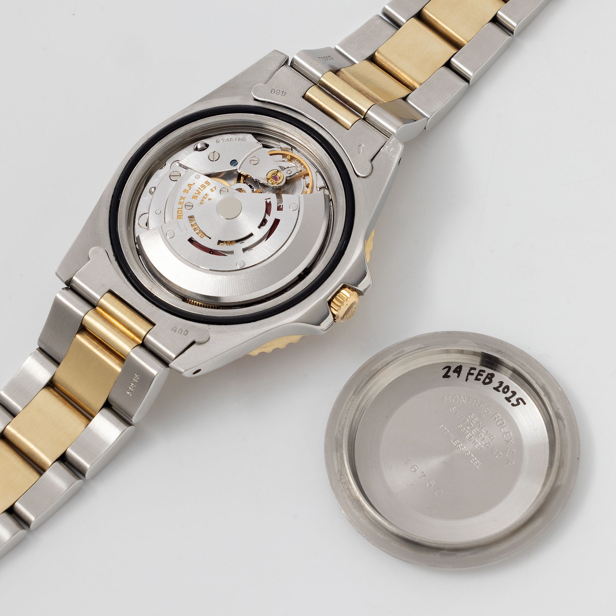 Rolex Gmt-master steel and gold Brown nipple dial box and punched paper set ref 16753