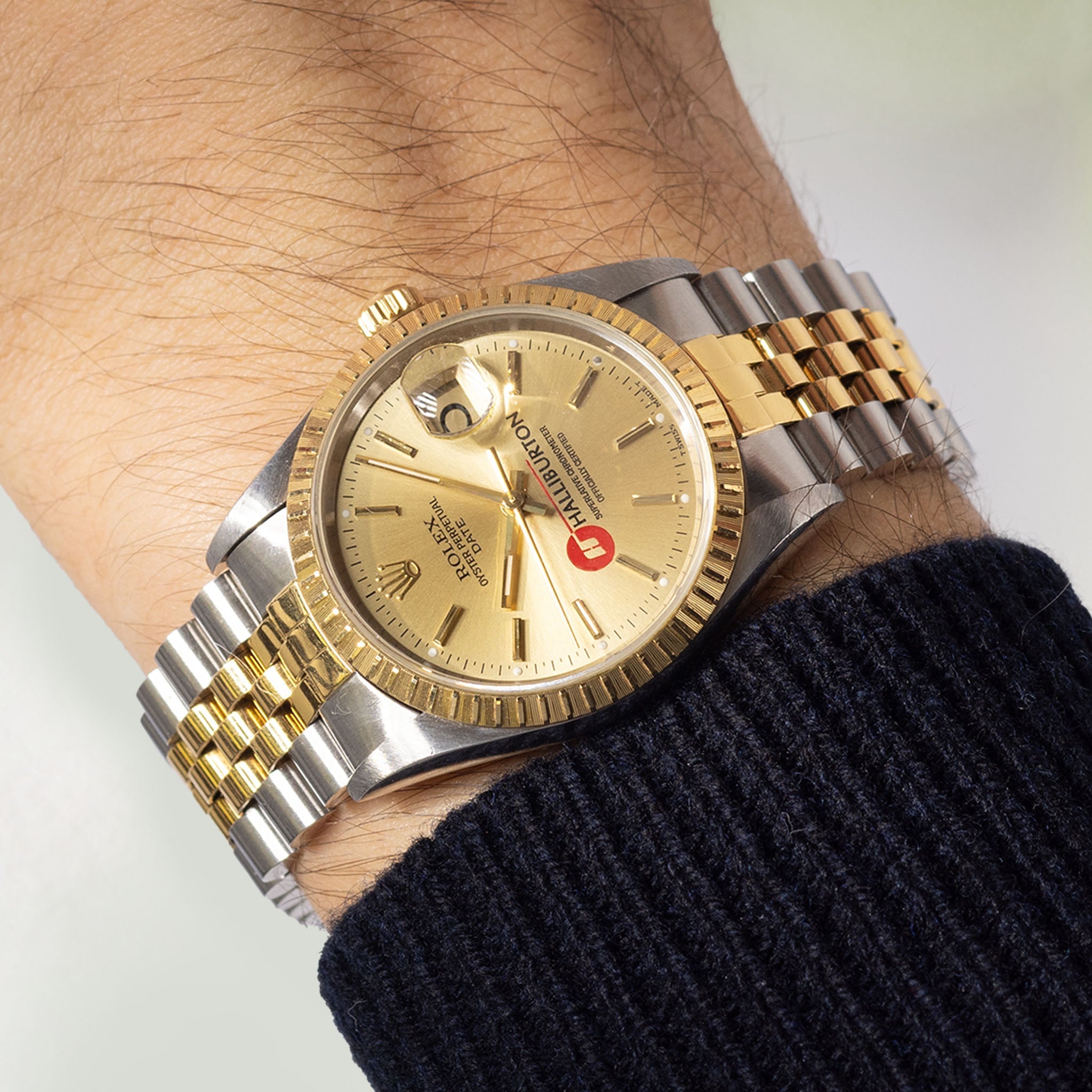 Rolex Oyster Perpetual Date Champagne Halliburton Logo Dial Box and Paper Set in Steel and Gold ref. 15223