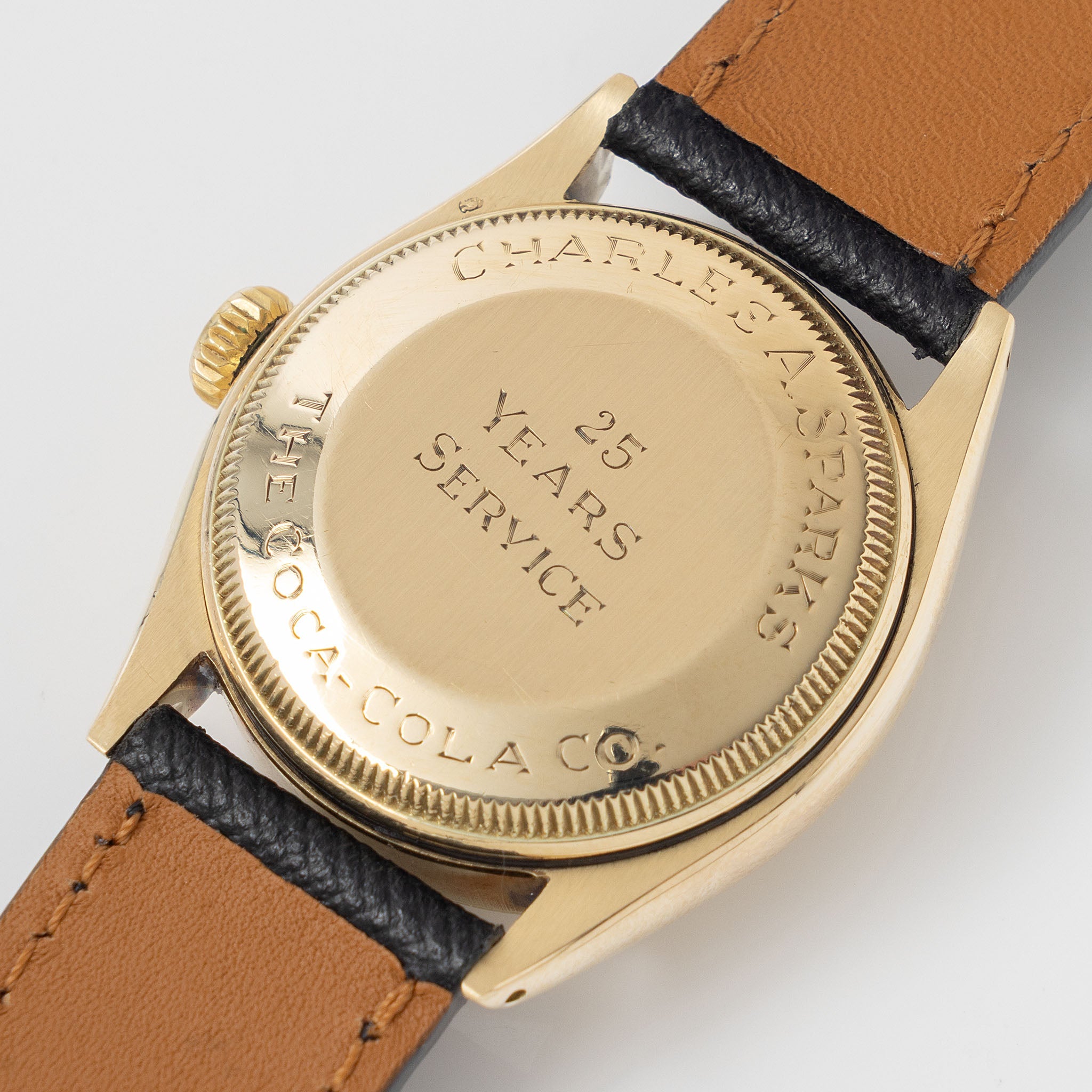 Rolex Oyster Perpetual "25 Year Coca Cola Service” Ref 6085 in 14 k Yellow Gold