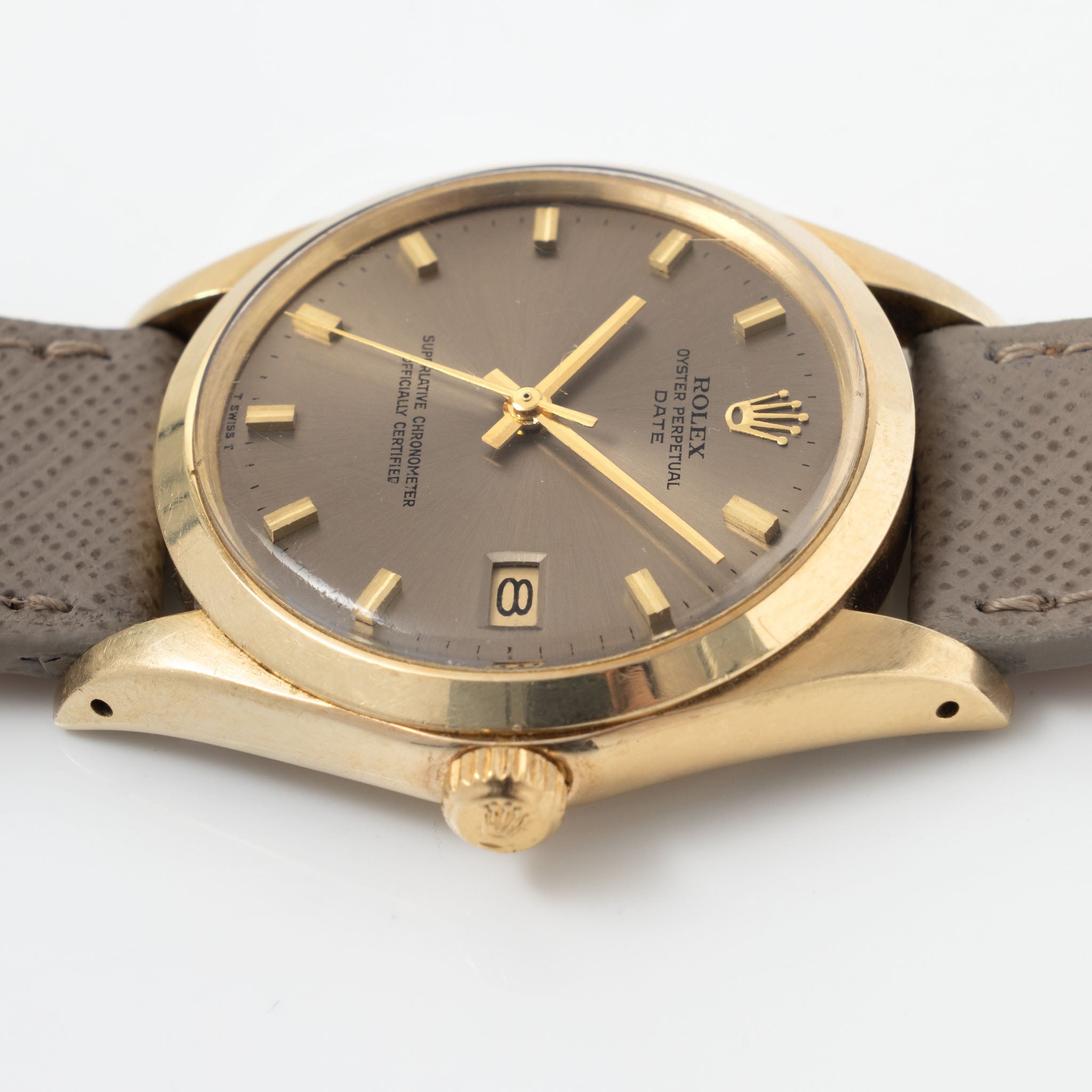 Rolex Oyster Perpetual Date 1500 Taupe Singer Proto/Test Dial in 14k Yellow Gold