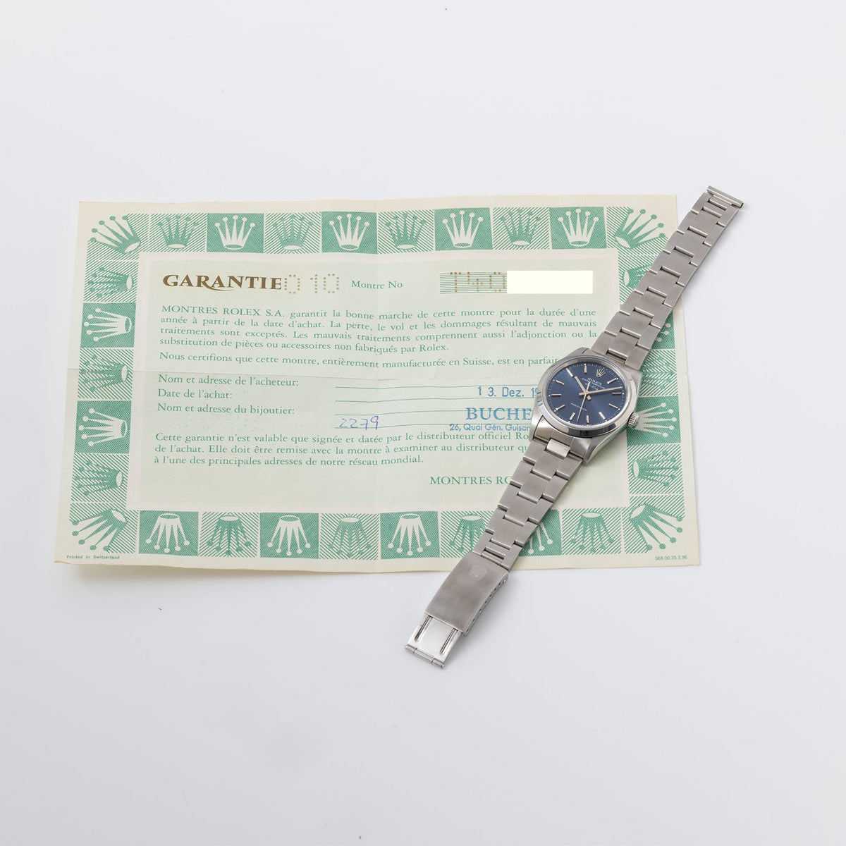 Rolex Air-King 14000 Blue Soleil Finish Dial with Original Punched Papers