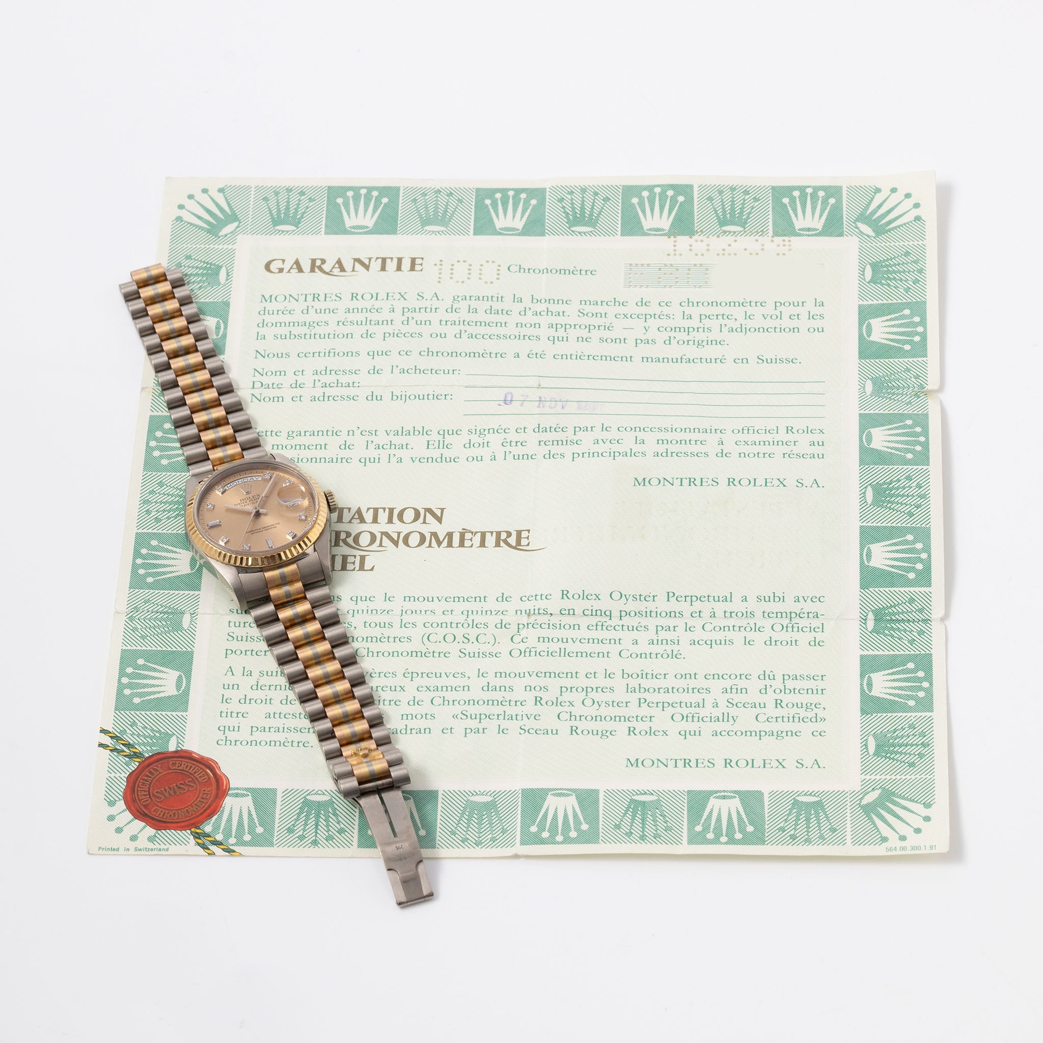 Rolex Day-date Tridor Peach Diamond Marker Dial with Original Guarantee Paper ref 18239B