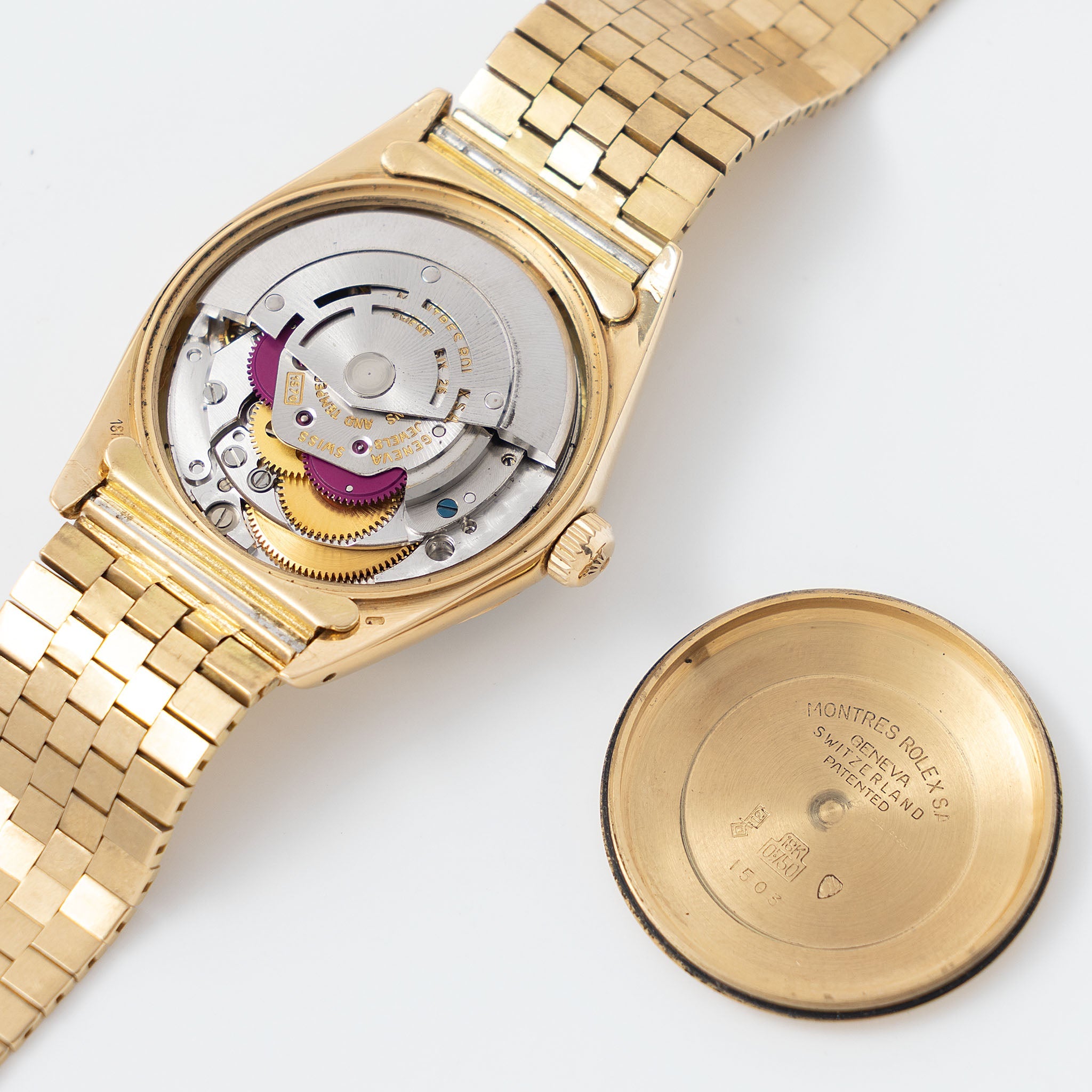 Rolex Oyster Perpetual Date 1504 Grey Shantung Dial Moreau Finish with Brick Bracelet in 18k Yellow Gold