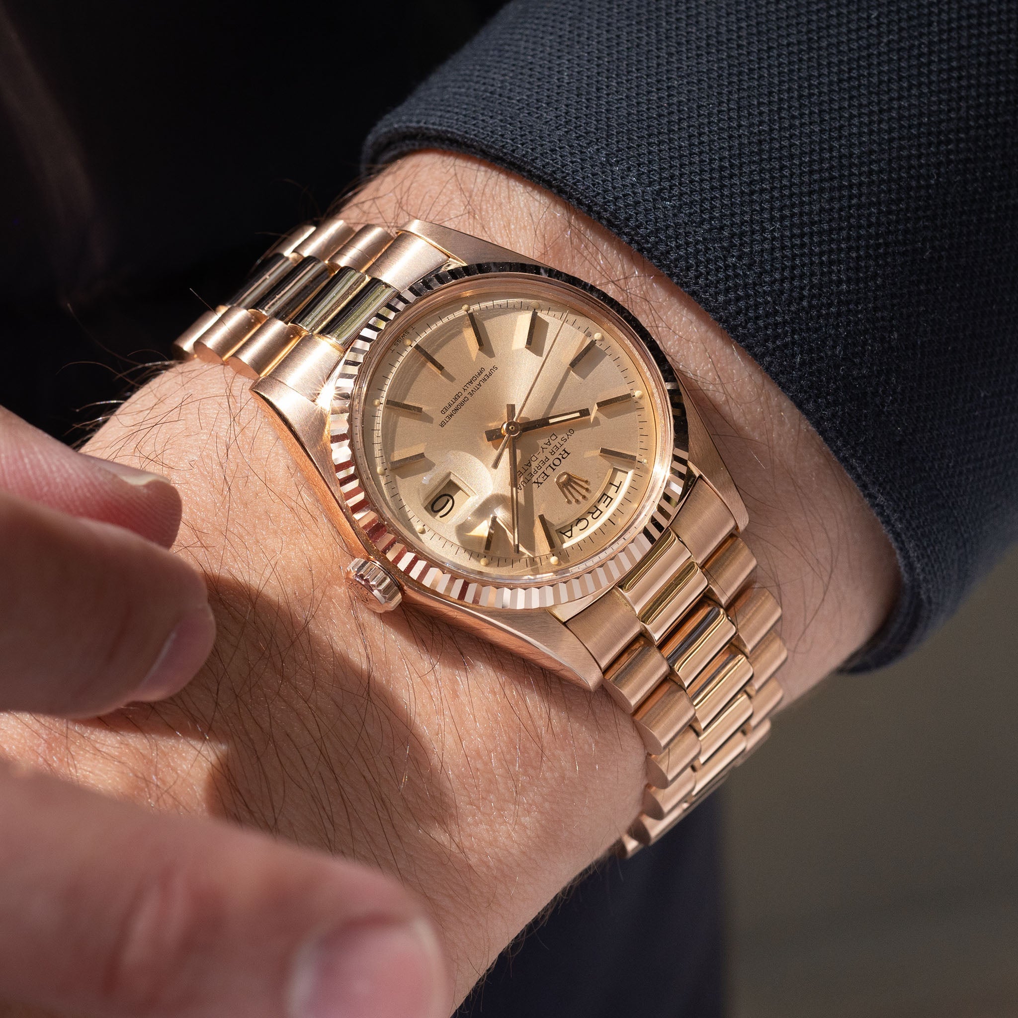 Rolex Day-Date 1803 in 18k Rose Gold Pink-on-Pink Gay Frères Bracelet Portuguese Disc