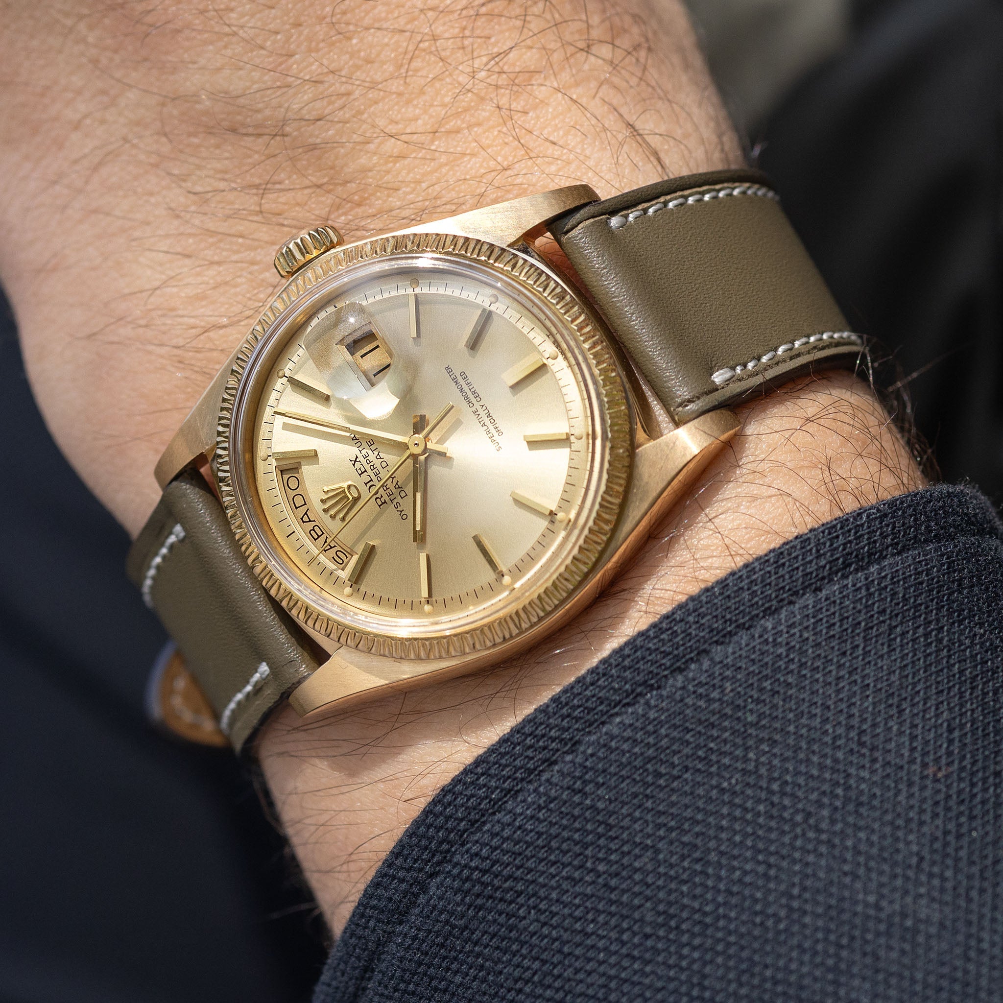 Rolex Day-Date 1807 Bark Finish Champagne Dial in 18k Yellow Gold Box and Paper Set