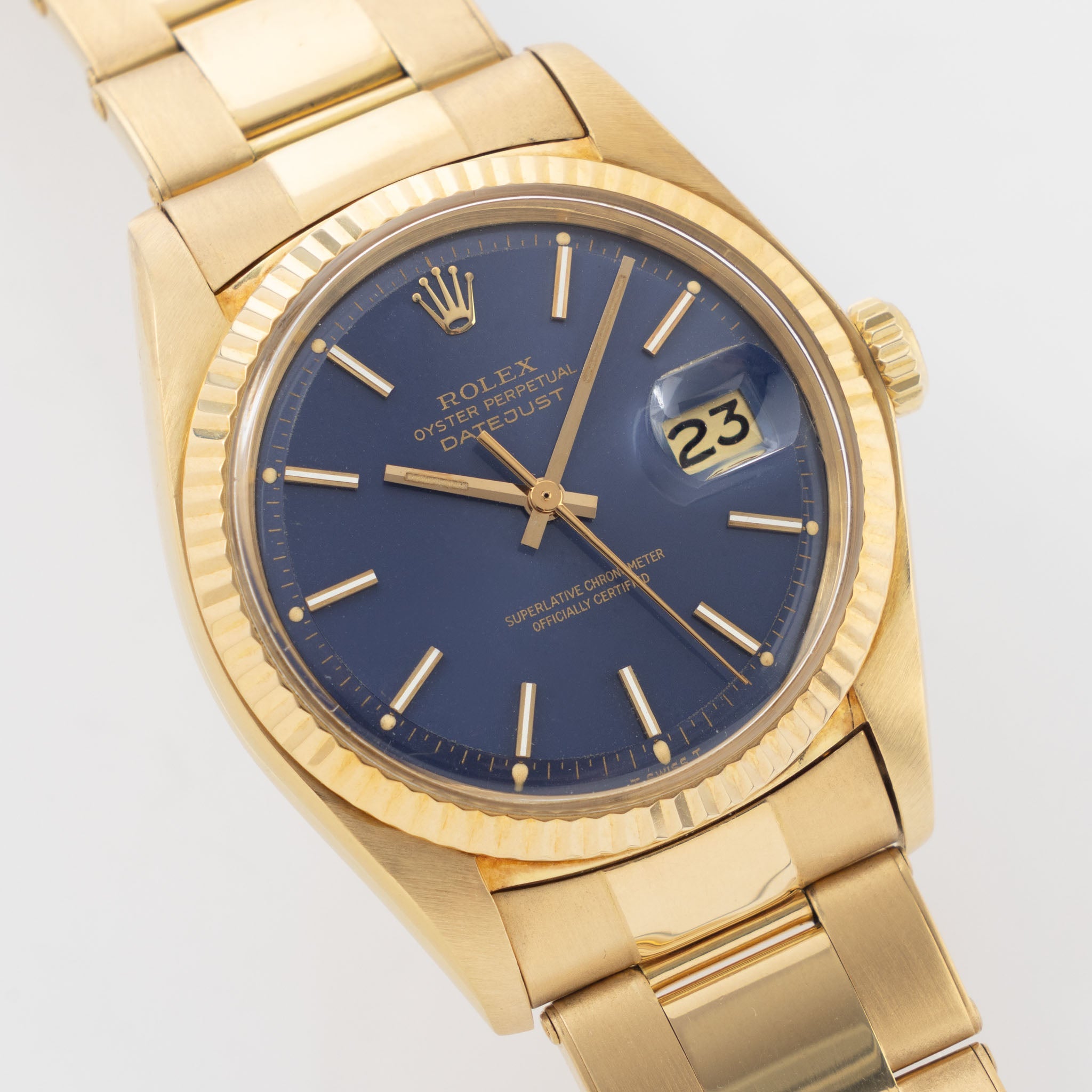 Rolex Datejust 1601/8 Blue Soleil Dial in 18k Yellow Gold with Original Papers