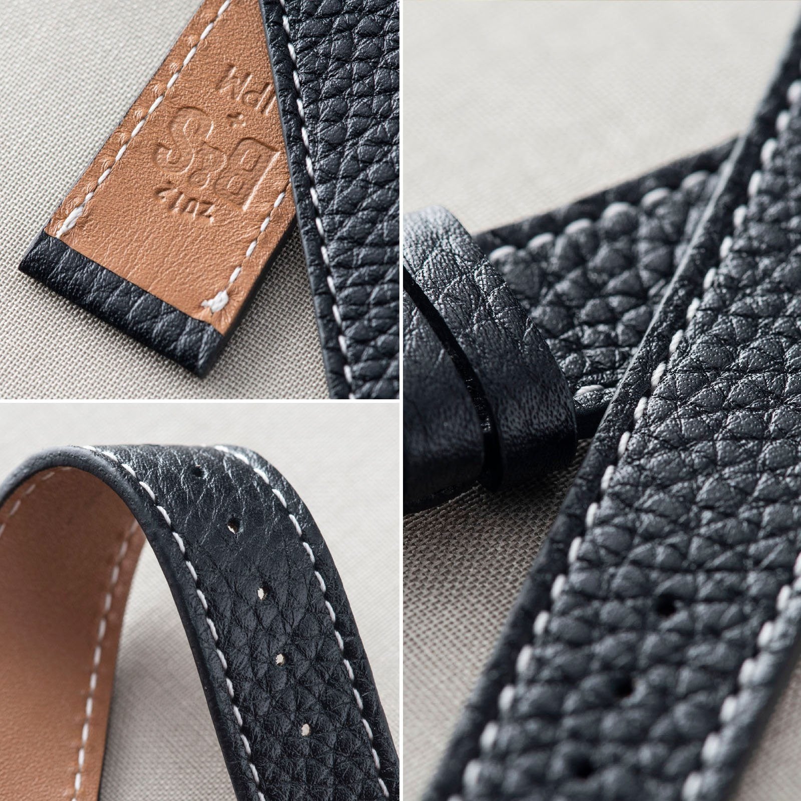 Rich black creme stitch leather watch strap