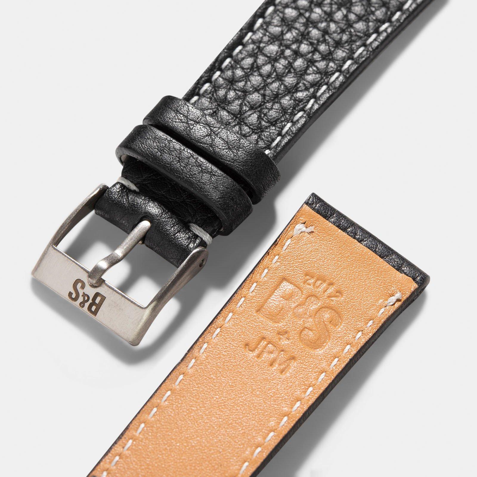 Rich black creme stitch leather watch strap