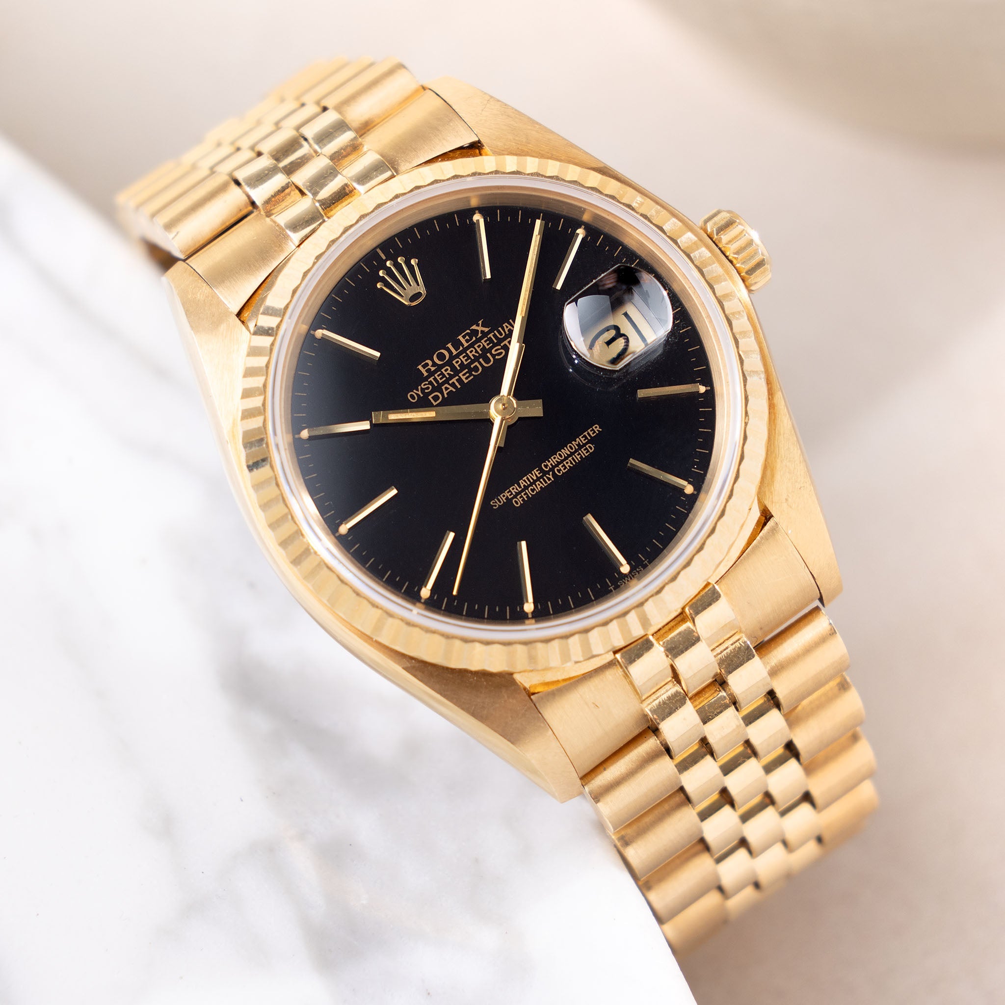 Rolex Datejust Yellow Gold Black Glossy Dial Ref 16018