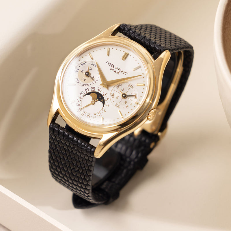 PATEK PHILIPPE タイプ　 ブラックレザーベルト C33艶あり Strap for Patek Philippe 3940 Perpetual - Black Double Sided Lizard Wa