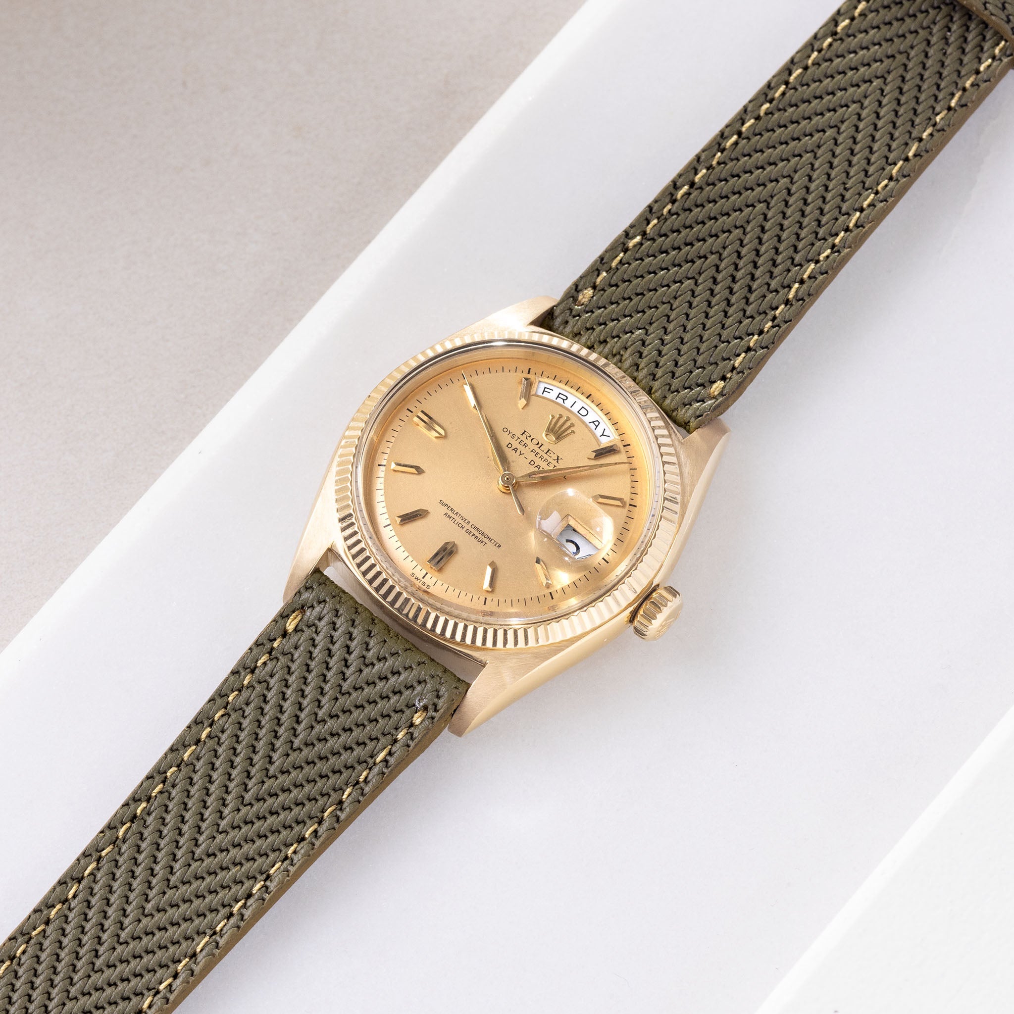 Green_waved_quality_Leather_Watch_Strap_Rolex_Day_date_yellow_gold