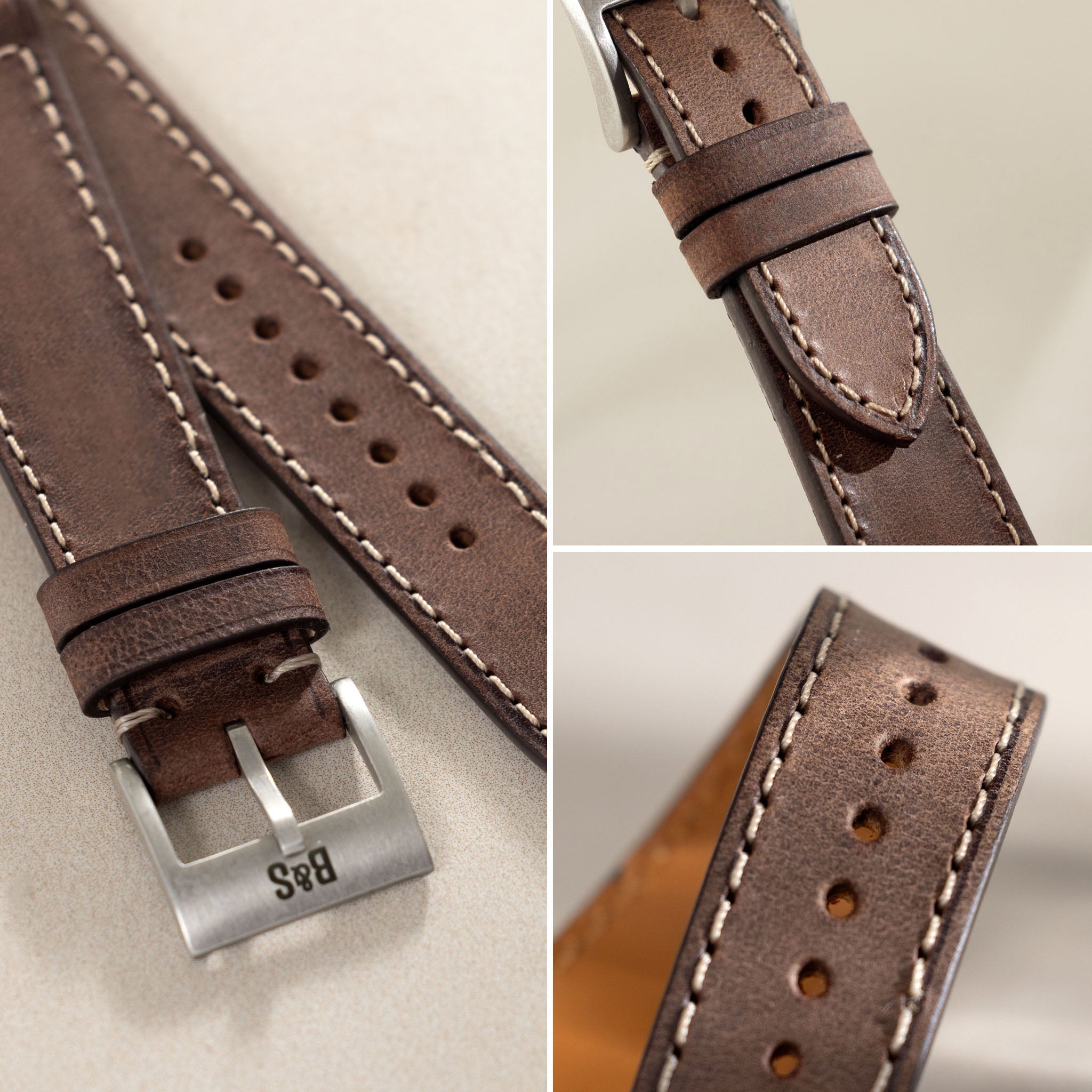Dry Soil Brown Boxed Leather Watch Strap