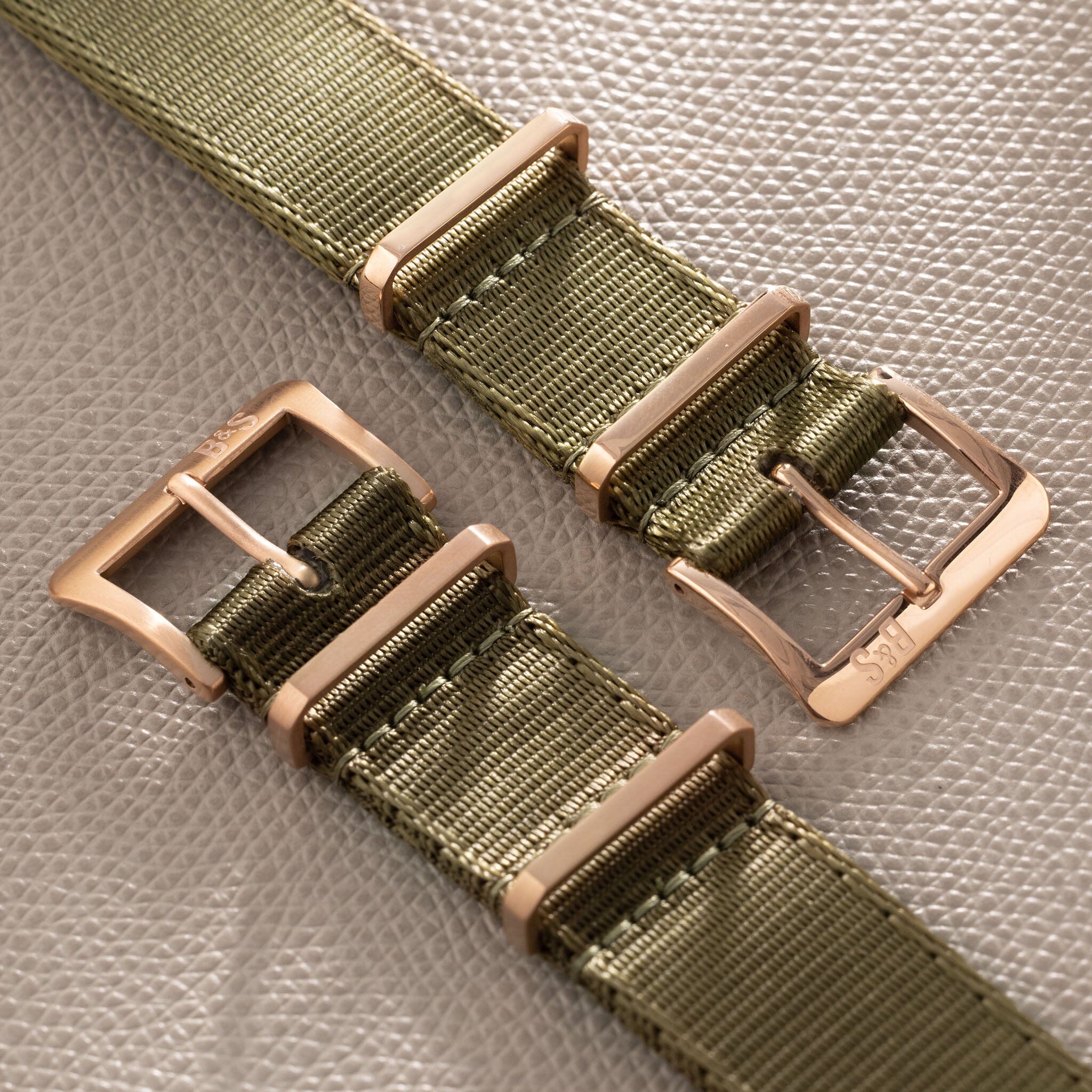 Sample Sale - Deluxe Nylon Single Pass Watch Strap Olive Drab Green - Rose Gold Brushed - 22mm
