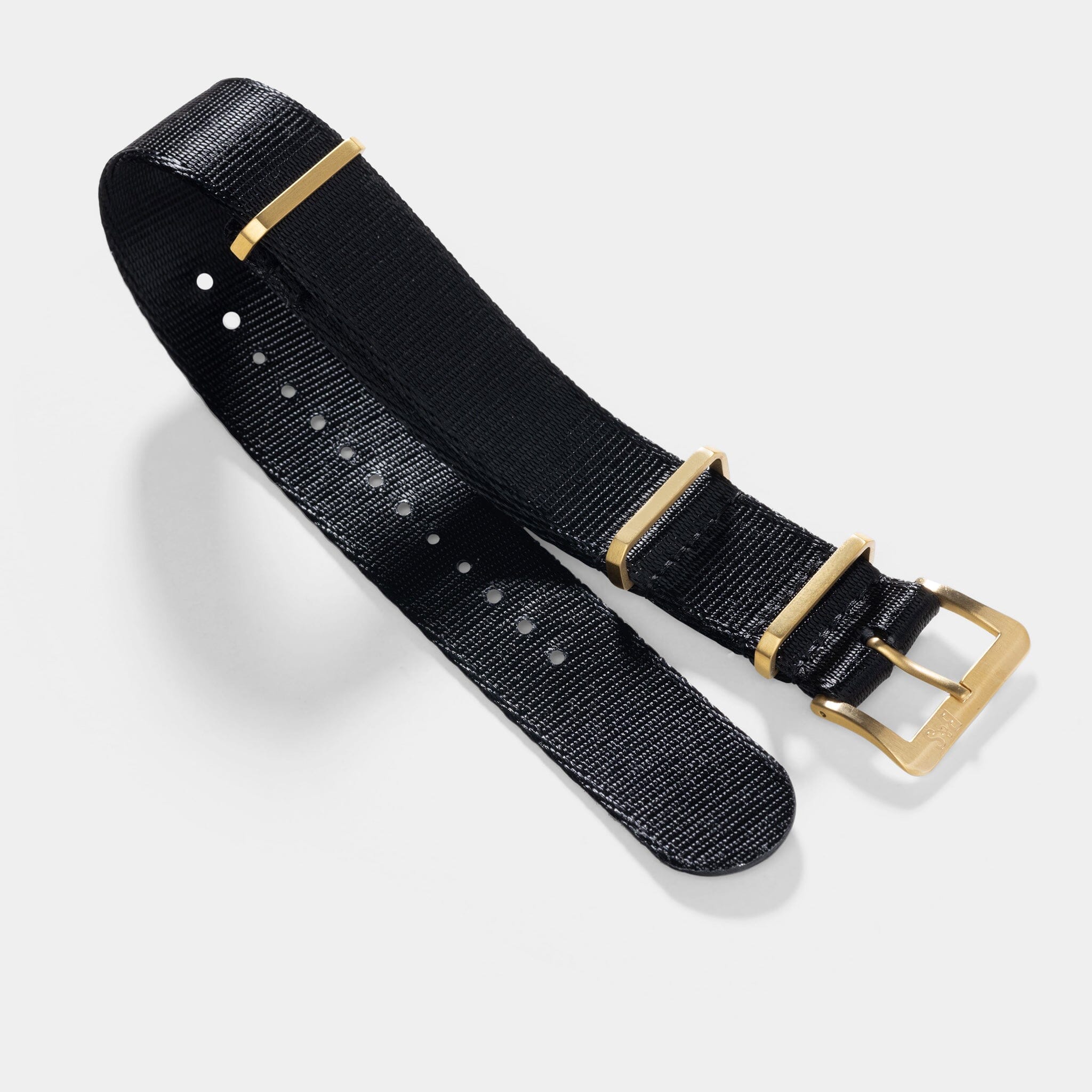Sample Sale - Deluxe Nylon Single Pass Watch Strap Pure Black - Gold Brushed - 22mm