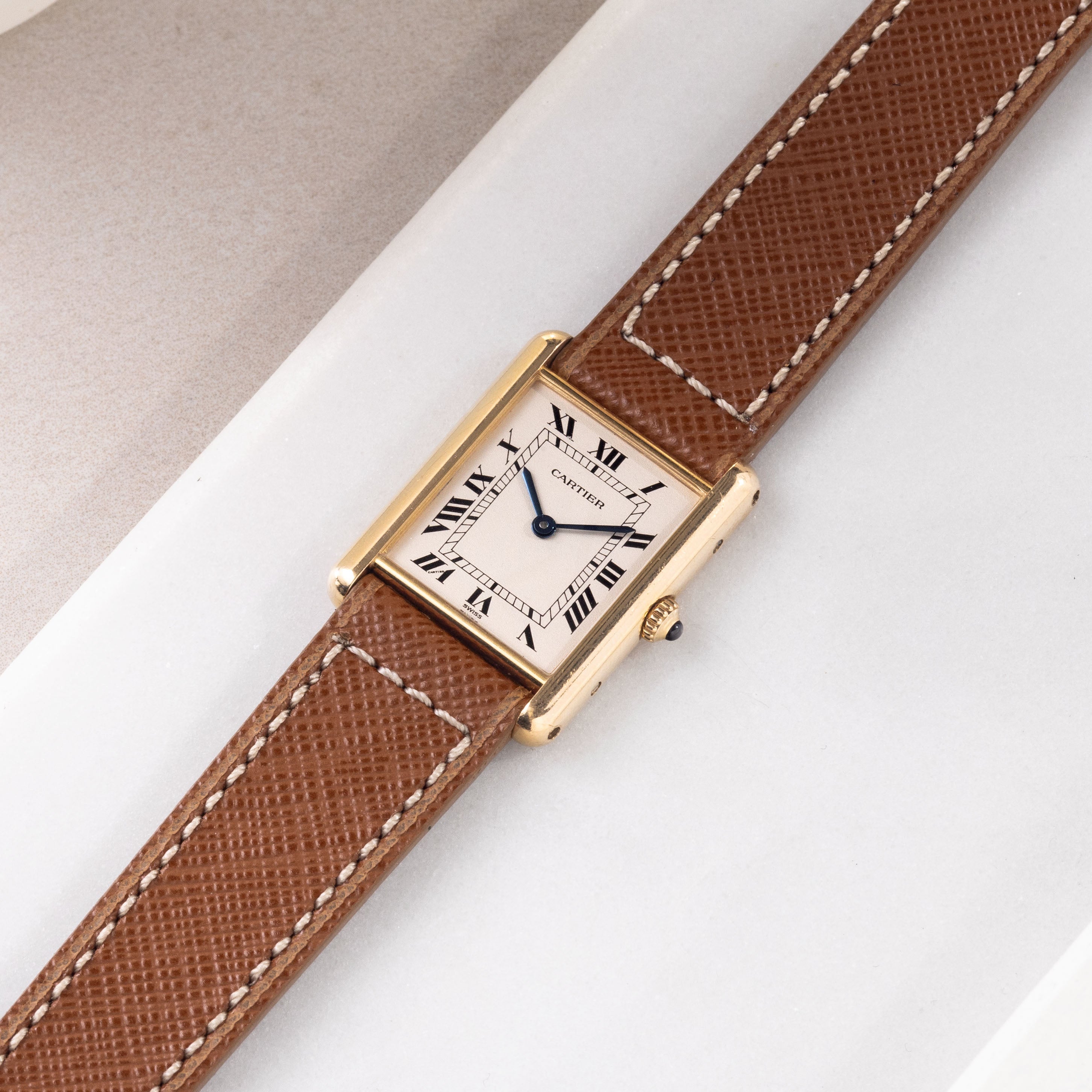 Strap for Cartier 17.5mm - Saffiano Cognac Brown Leather - Boxed Stitch