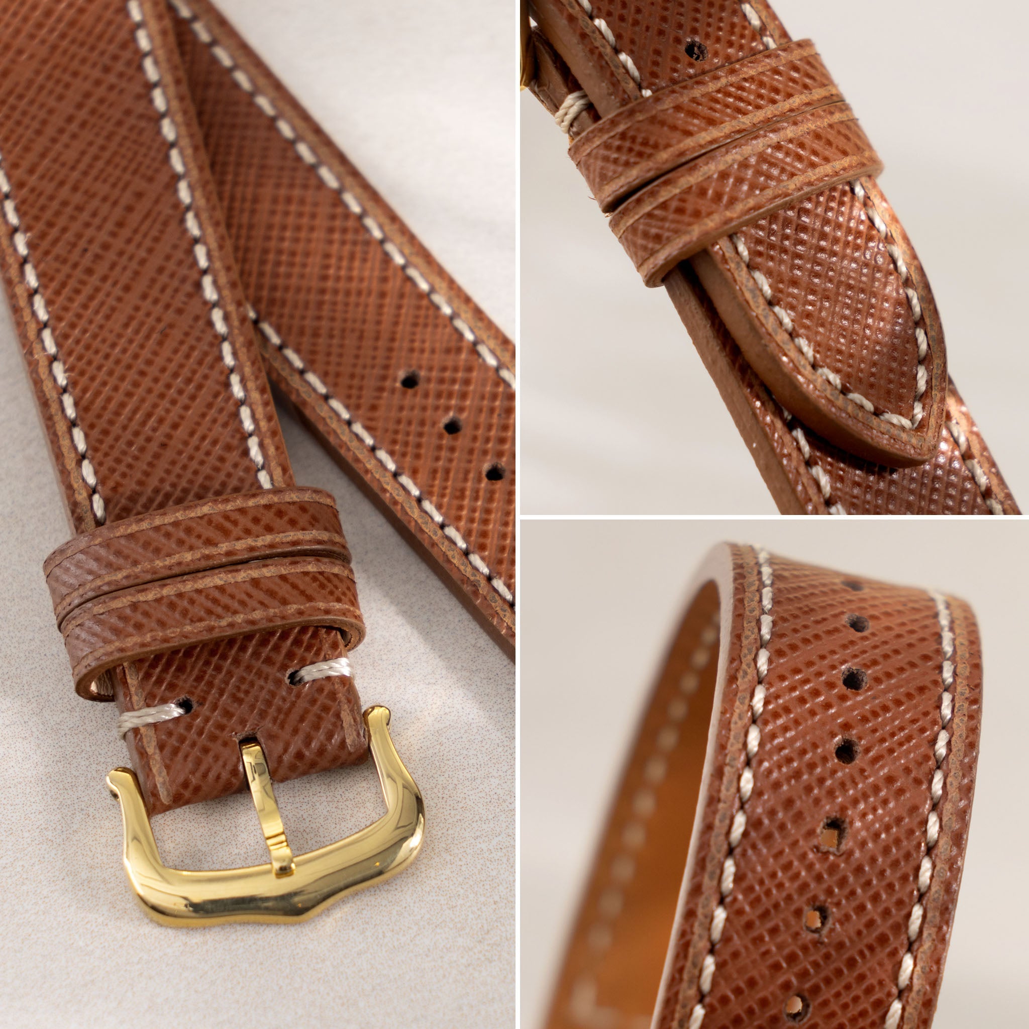 Strap for Cartier 17.5mm - Saffiano Cognac Brown Leather - Boxed Stitch