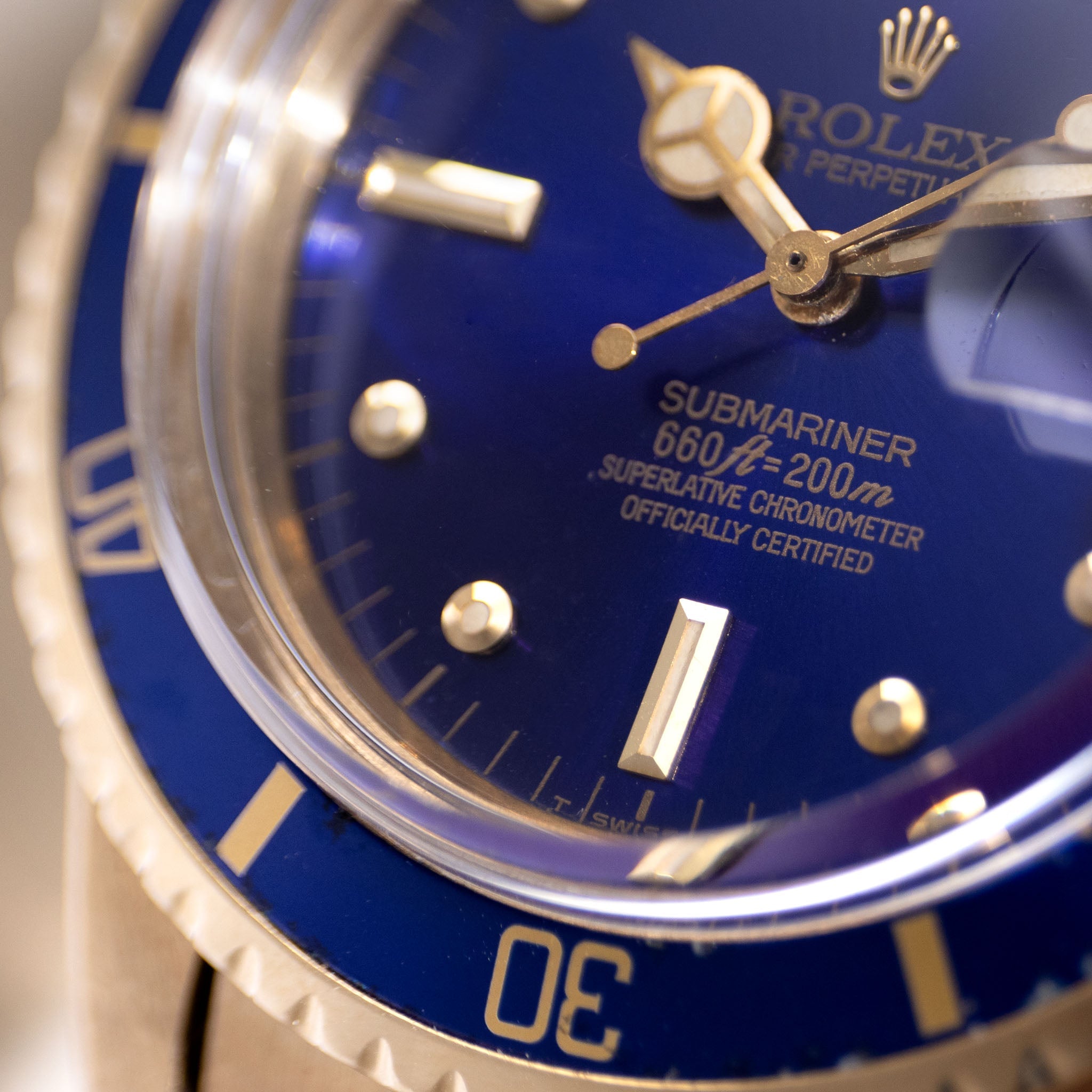 Rolex Submariner 1680/8 in 18k Yellow Gold with Blue "Nipple" Dial Turned Purple