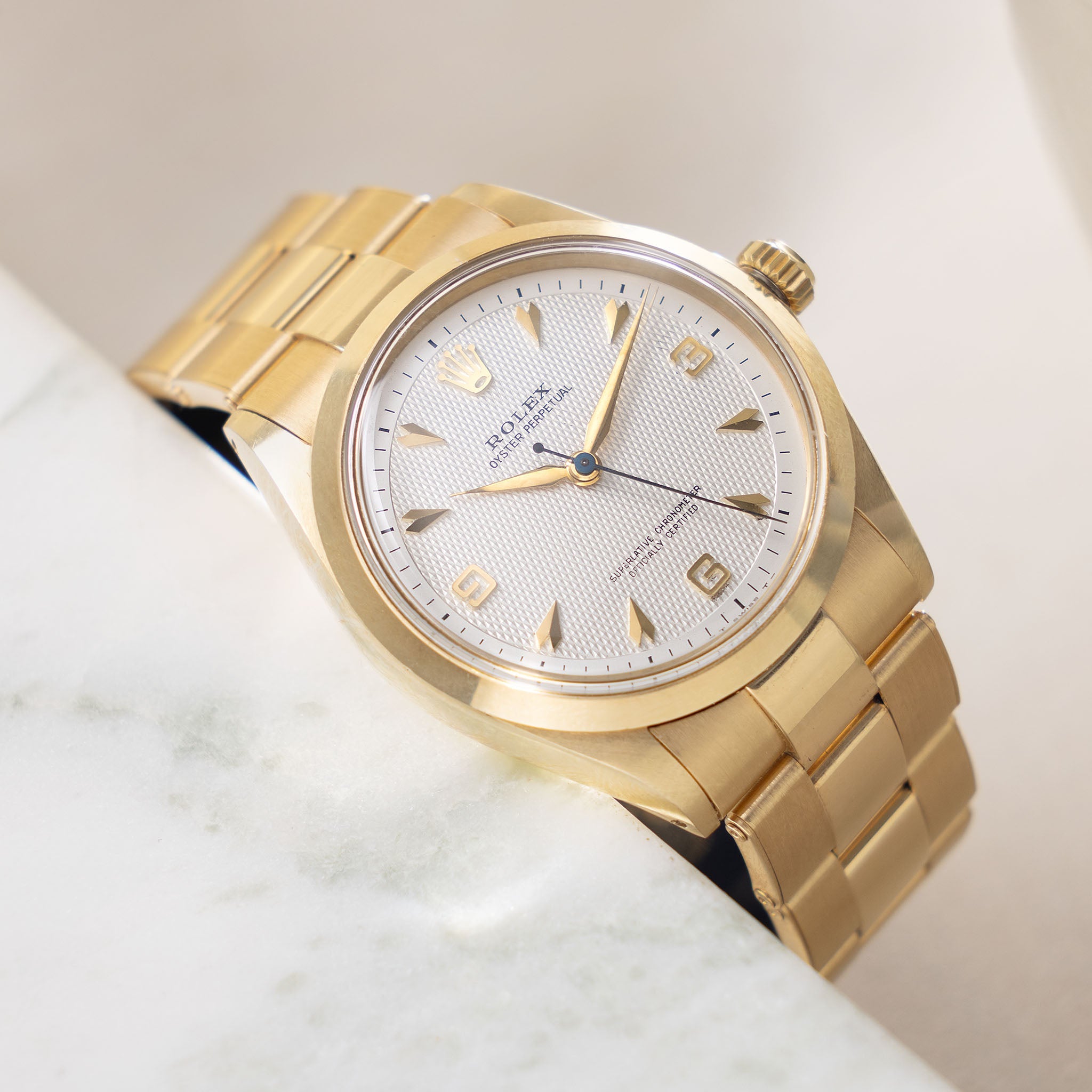 Rolex Oyster Perpetual Silver Waffle Dial Ref. 5500 in 14k Yellow Gold