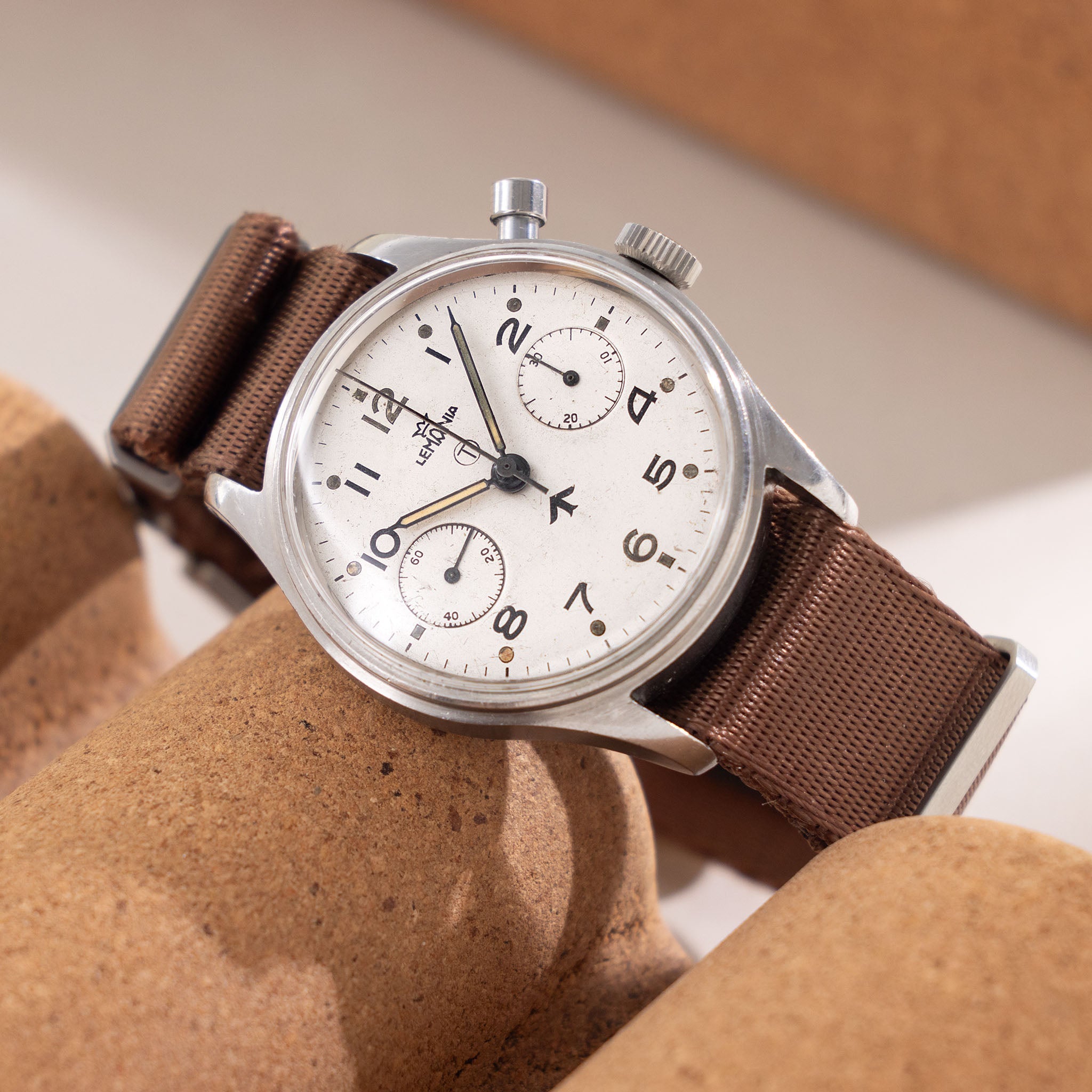 Lemania Monopusher Military Chronograph silver dial 15CHT