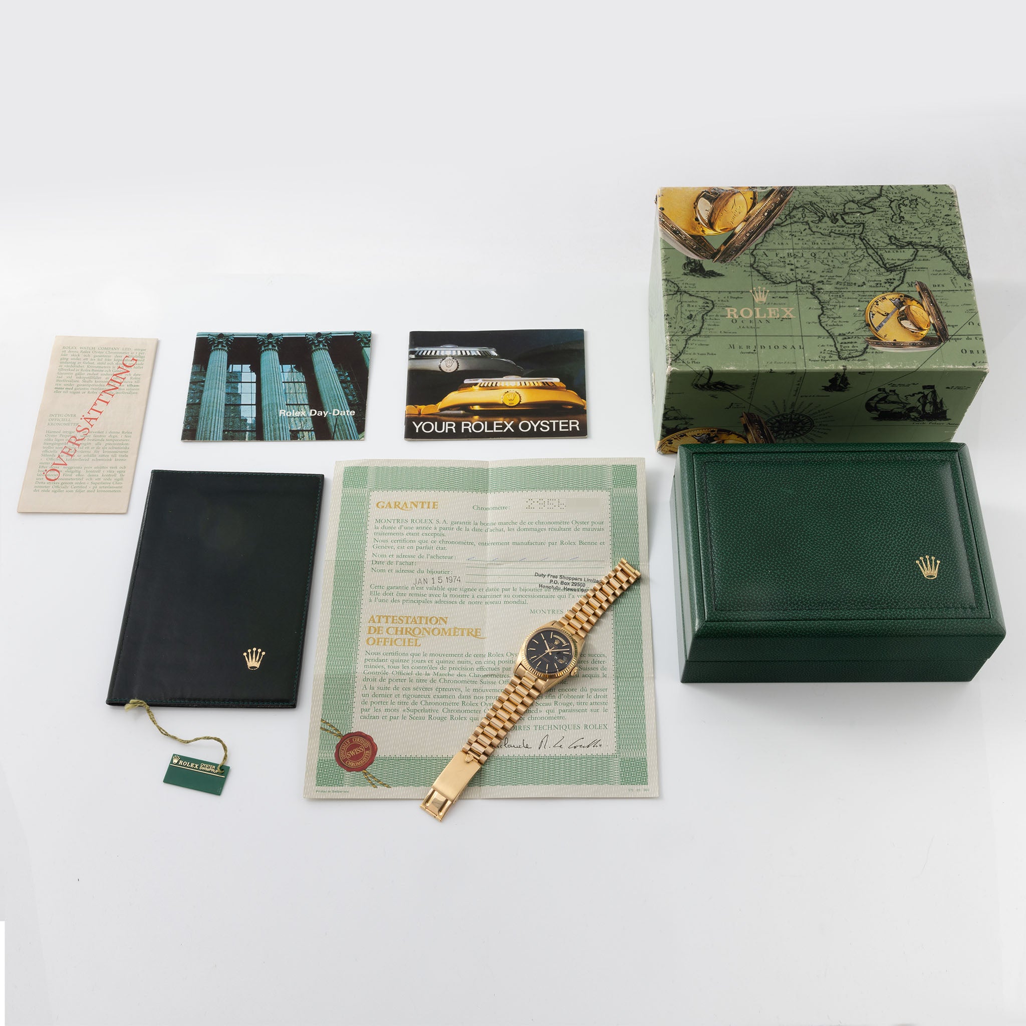 Rolex Day-Date Black Dial Ref. 1803 with Box Original Guarantee Paper Set in 18K Yellow Gold