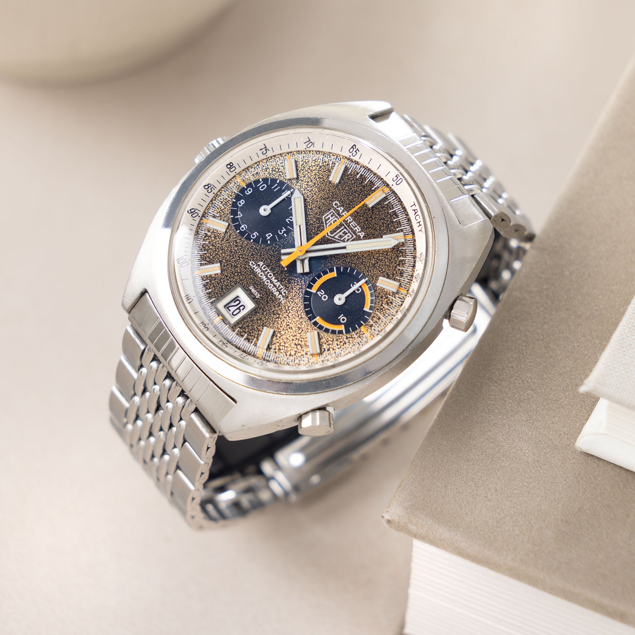 Heuer Carrera Tropical dial ref 1153BN On Rare Gay Frères Bracelet
