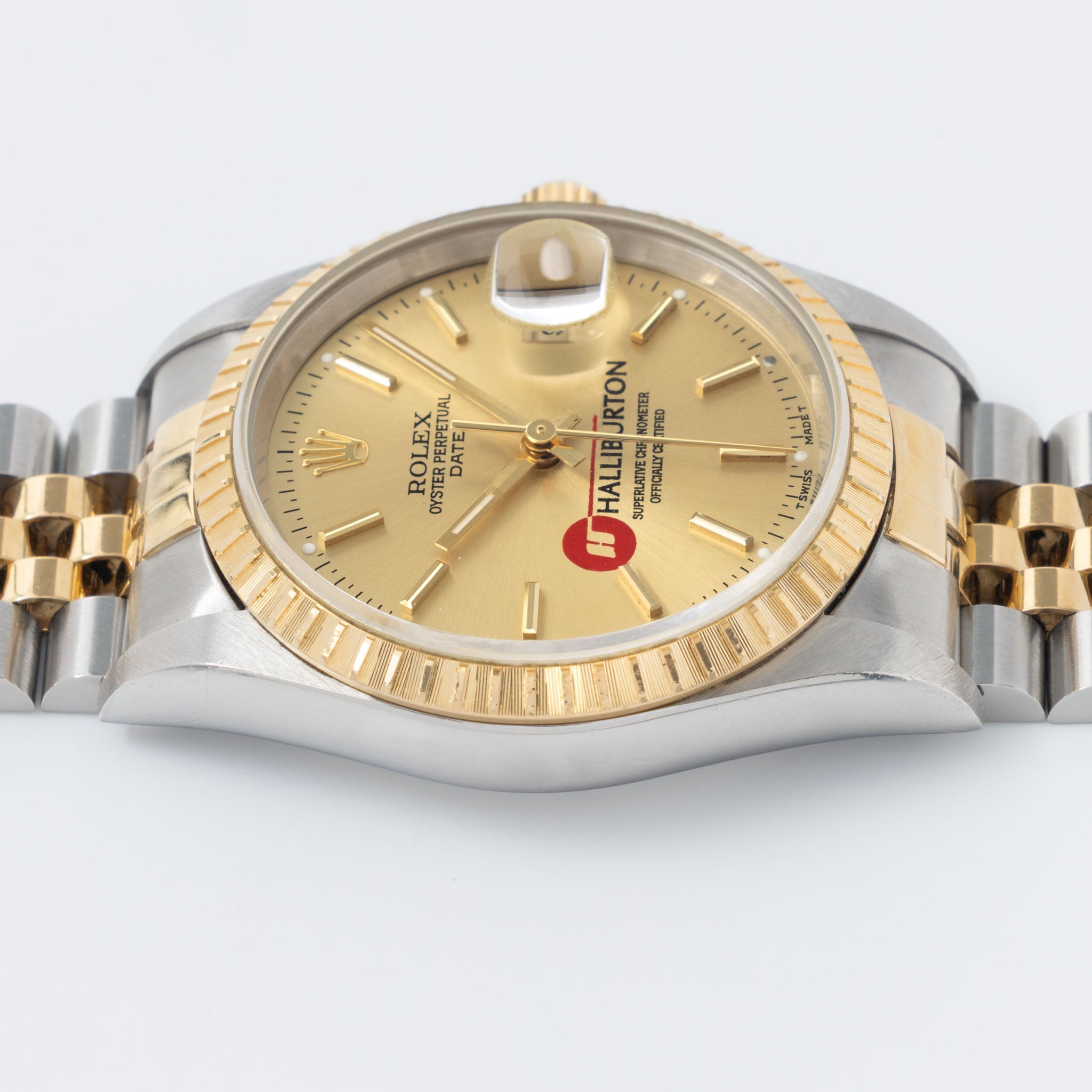Rolex Oyster Perpetual Date Champagne Halliburton Logo Dial Box and Paper Set in Steel and Gold ref. 15223