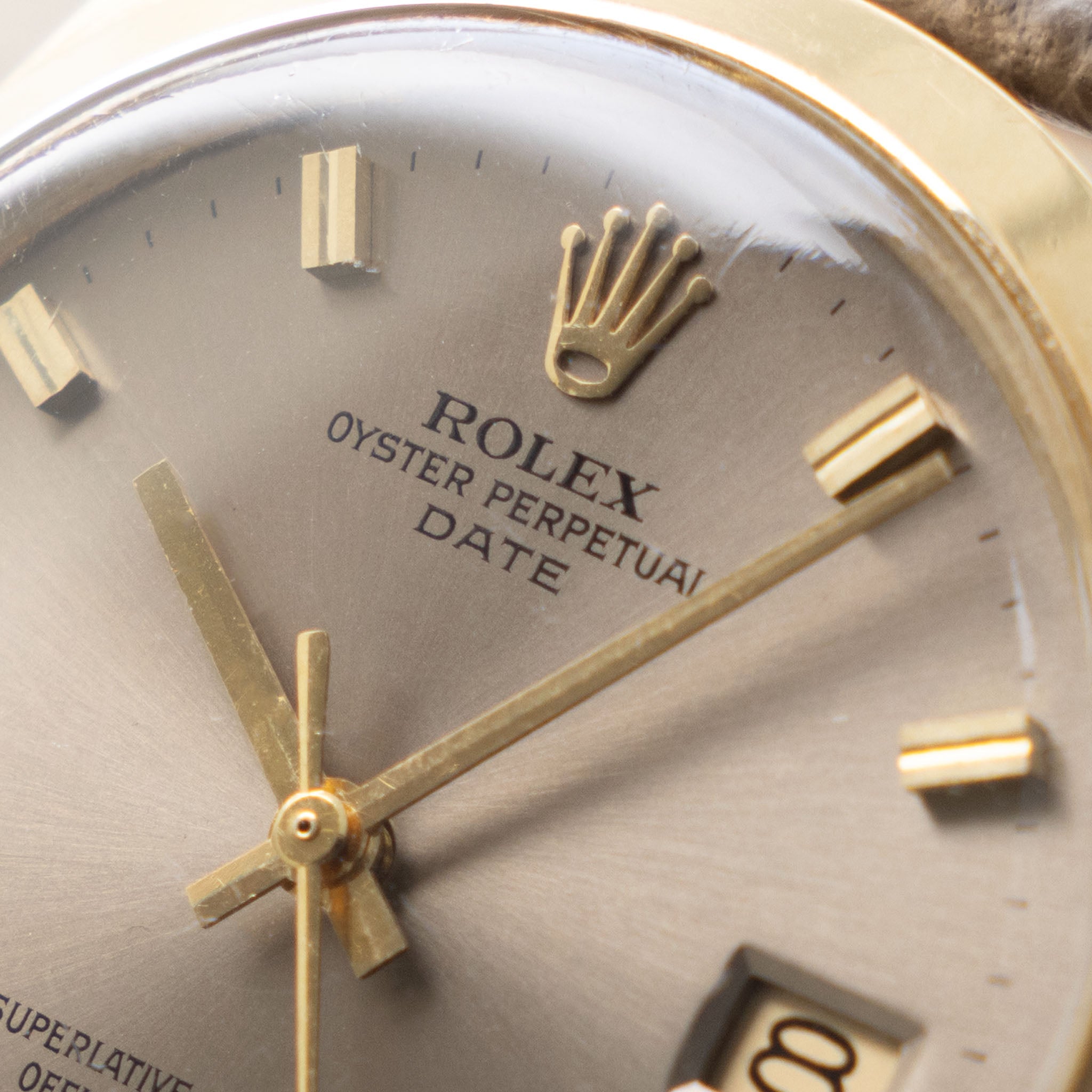 Rolex Oyster Perpetual Date 1500 Taupe Singer Proto/Test Dial in 14k Yellow Gold