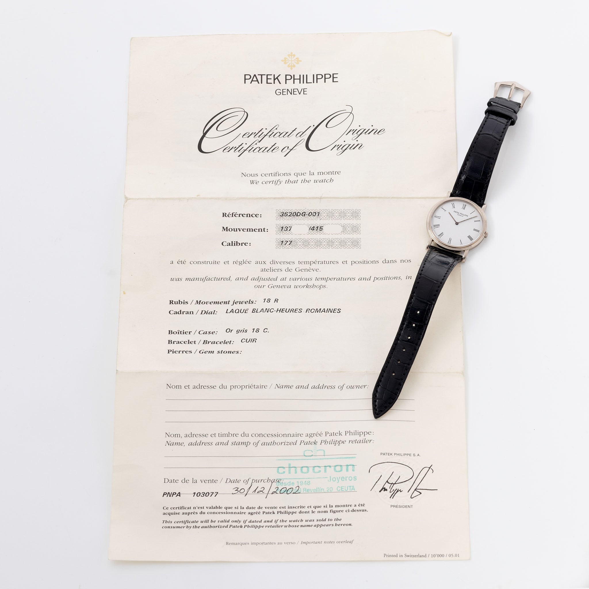 Patek Philippe Calatrava 3520G Clous de Paris in 18k White gold Porcelain Dial with Original Certificate of Origin