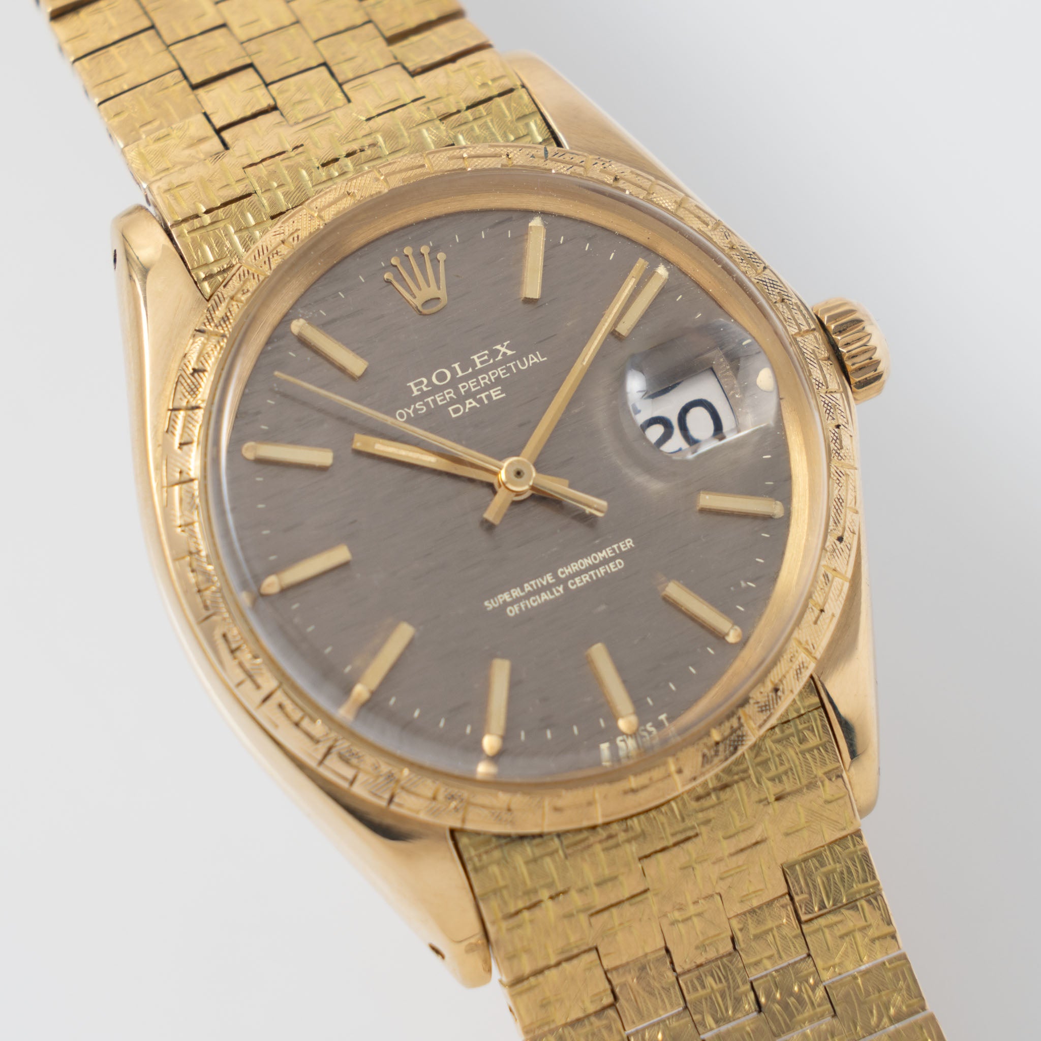 Rolex Oyster Perpetual Date 1504 Grey Shantung Dial Moreau Finish with Brick Bracelet in 18k Yellow Gold