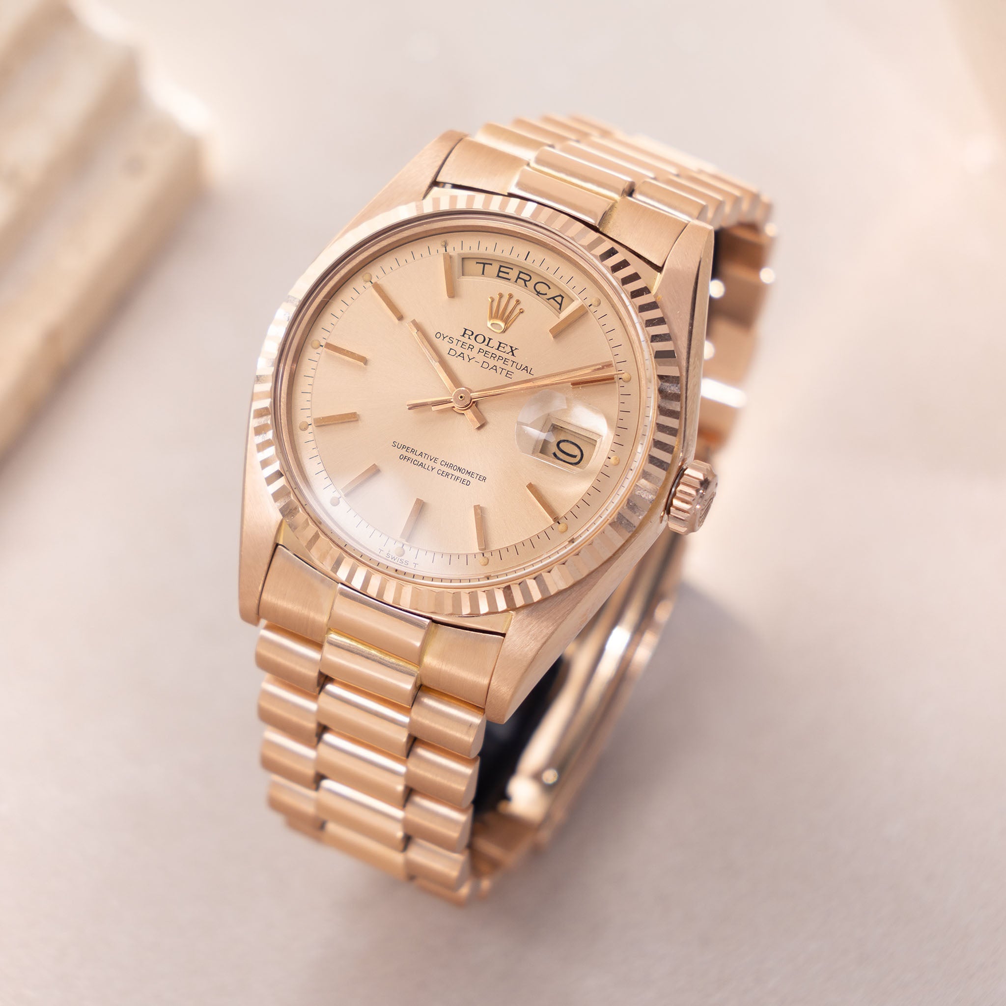 Rolex Day-Date 1803 in 18k Rose Gold Pink-on-Pink Gay Frères Bracelet Portuguese Disc