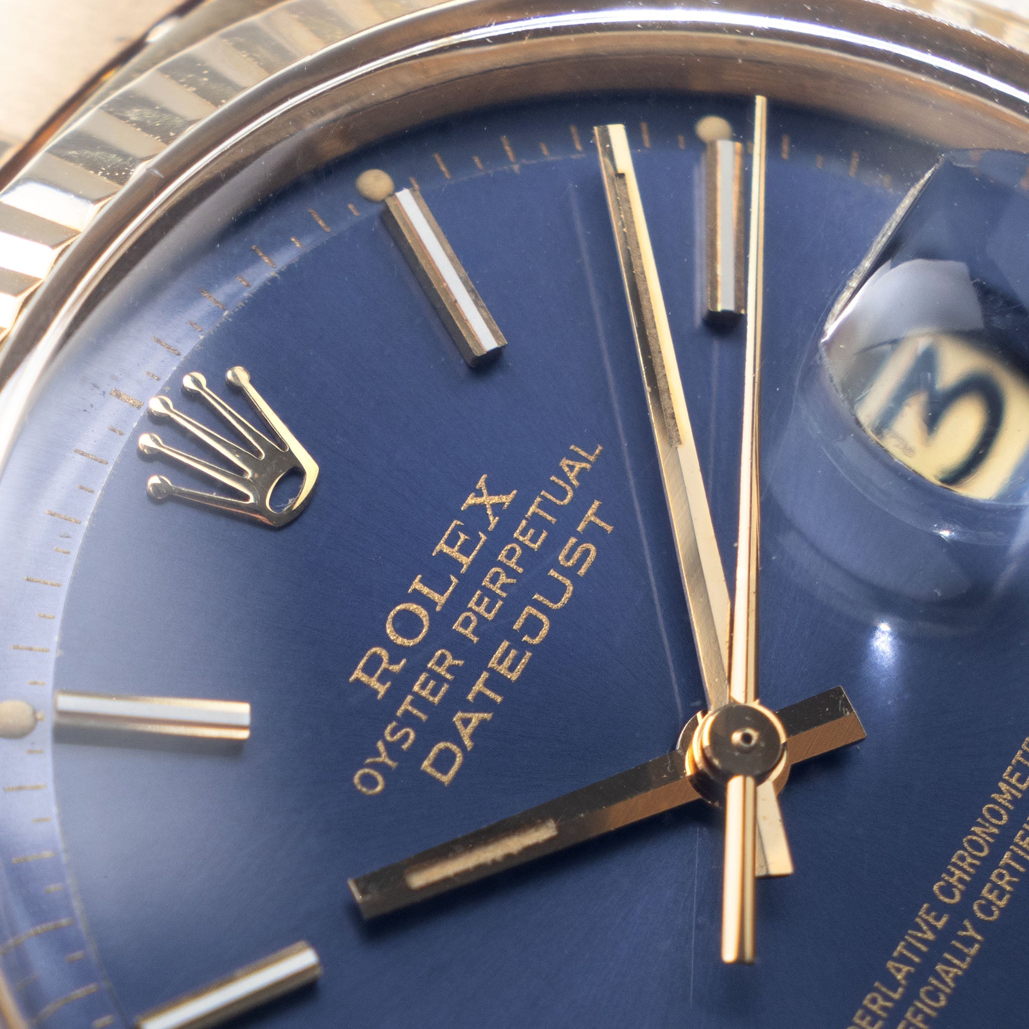 Rolex Datejust 1601/8 Blue Soleil Dial in 18k Yellow Gold with Original Papers