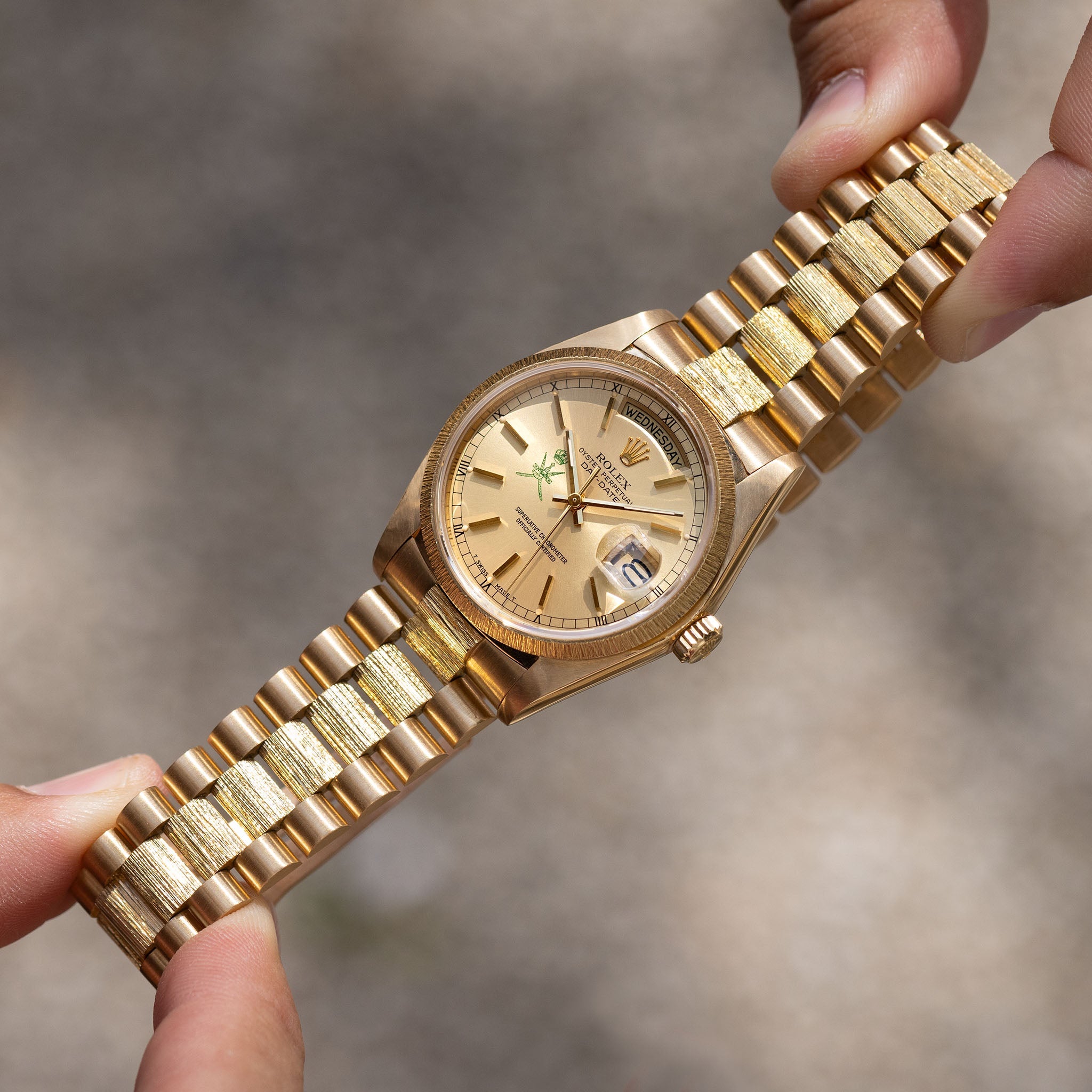 Rolex Day-Date 18078 Green Khanjar Champagne Dial Bark Finish in 18k Y