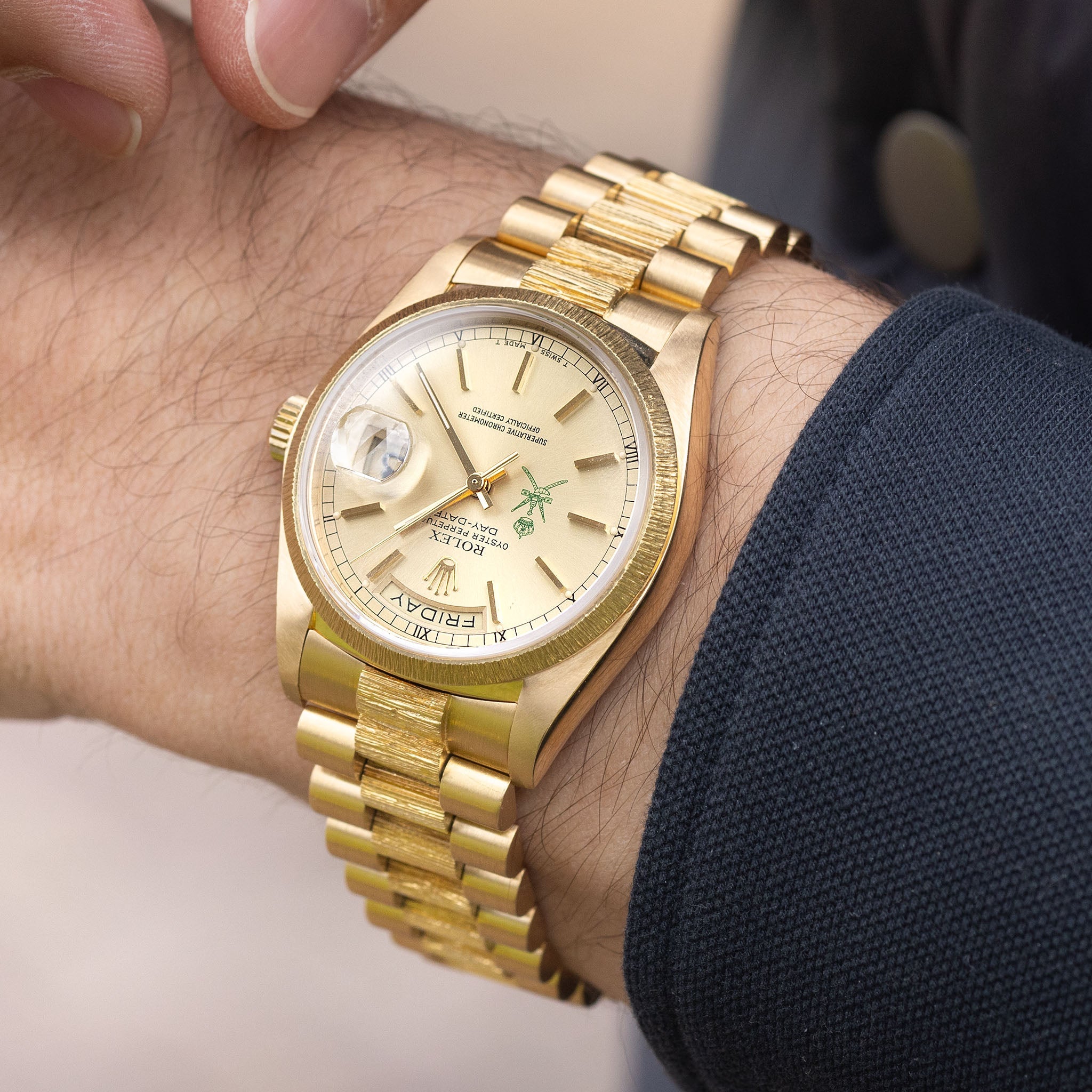 Rolex Day-Date 18078 Green Khanjar Champagne Dial Bark Finish in 18k Yellow Gold
