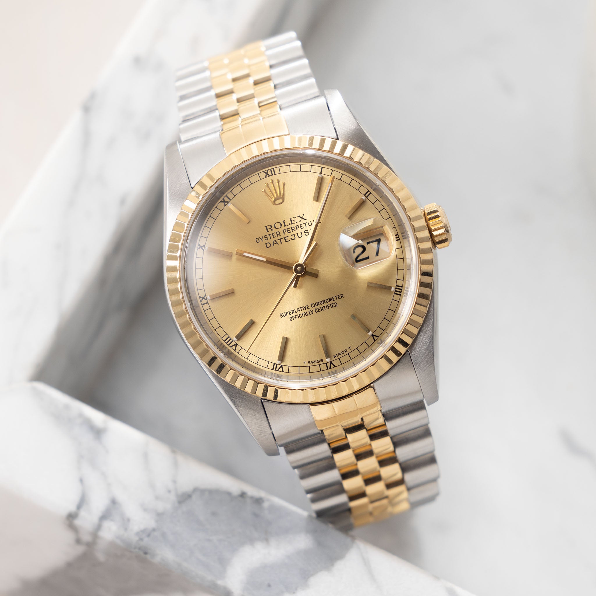 Rolex Datejust Steel and Gold Champagne Dial Box and Papers Ref 16233