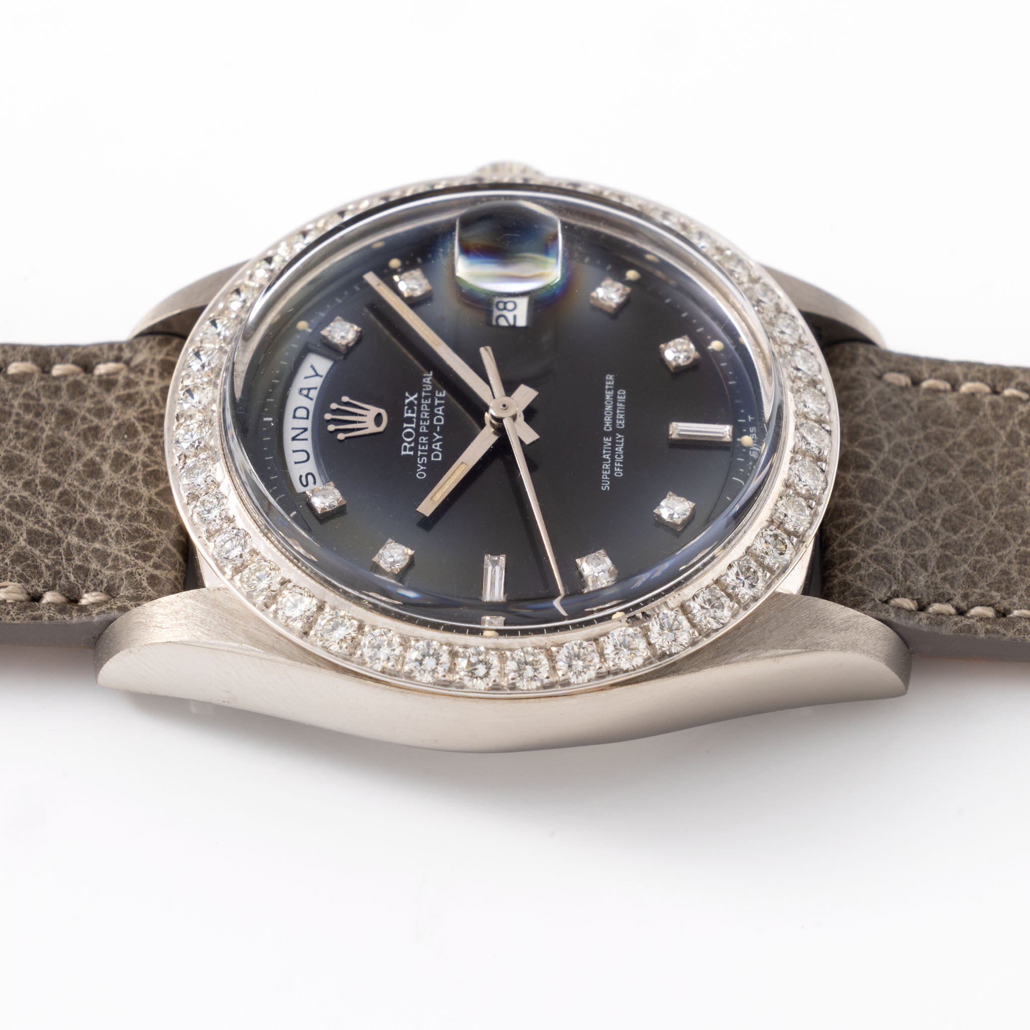 Rolex Day-date Grey dial diamond set in 18 k white gold rare ref 1804
