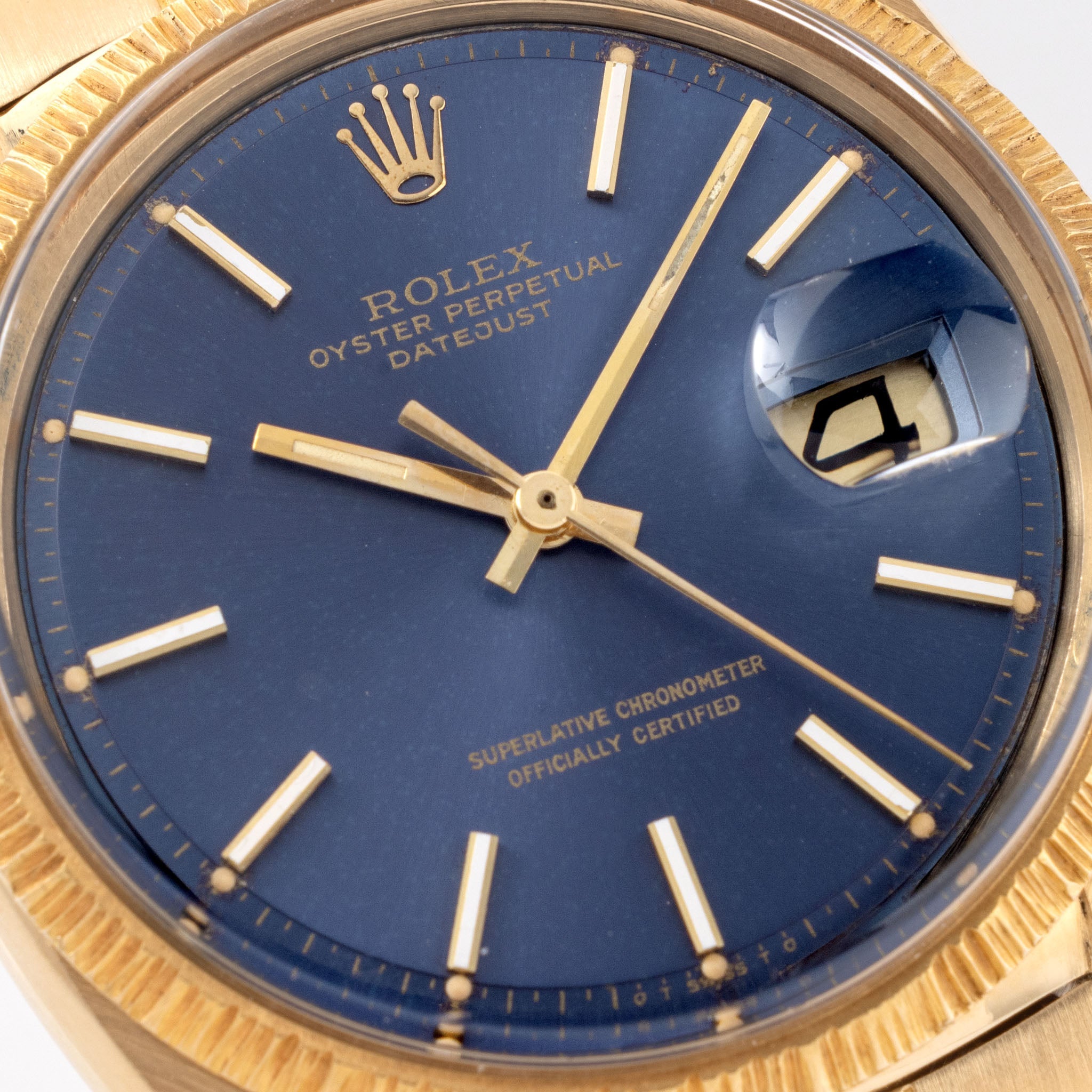 Rolex Datejust Blue Sigma Dial "Bark" Finish Ref. 1607 in 18k Yellow Gold