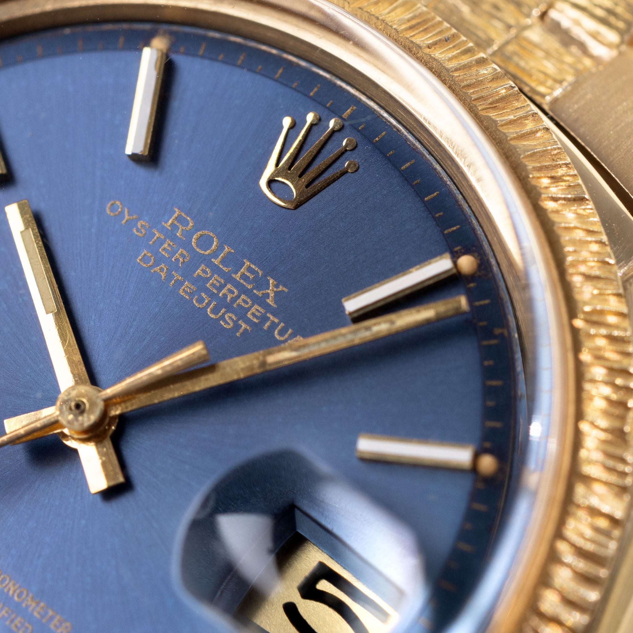 Rolex Datejust Blue Sigma Dial "Bark" Finish Ref. 1607 in 18k Yellow Gold