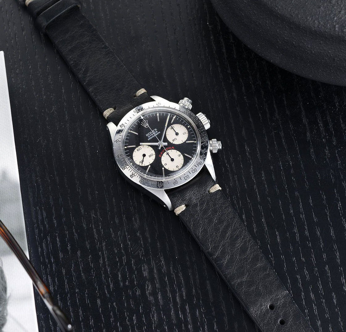 Black Leather Watch Strap on a Rolex 6265 Daytona