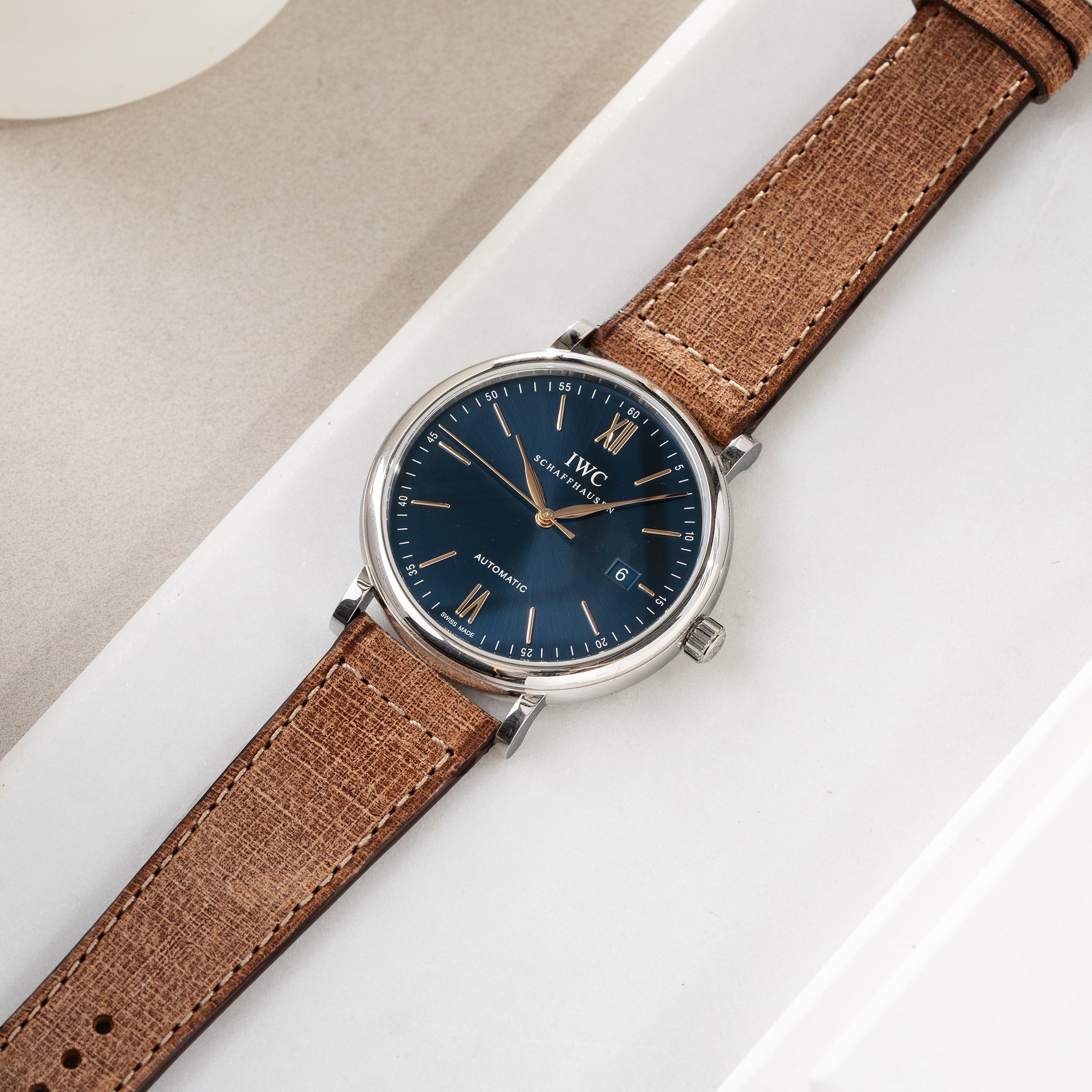 Strap for IWC Portofino - Linen Boxed Leather Deep Brown