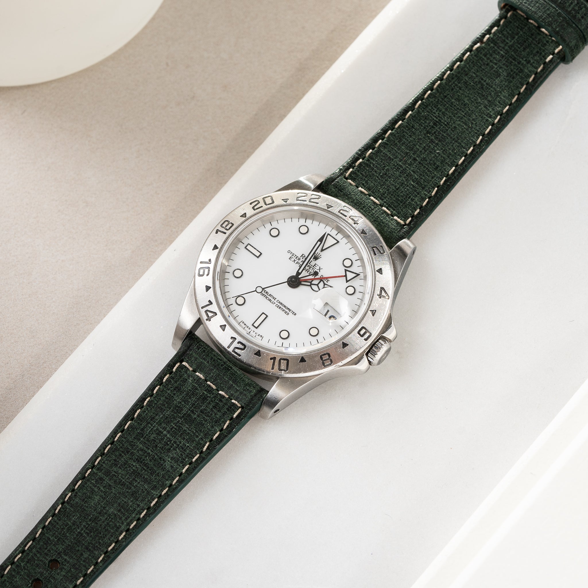 Strap for Rolex Explorer 2 - Linen Boxed Leather Elegant Green (20mm)