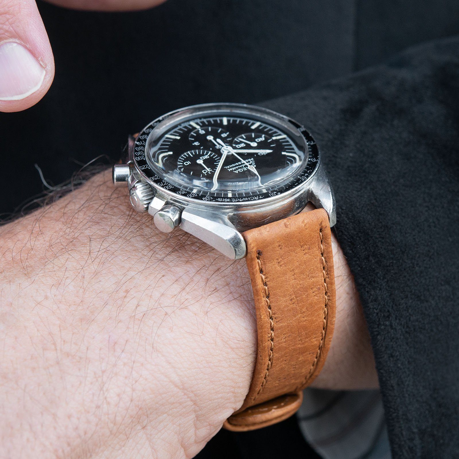 B&S Peccary Brown Heritage Leather Watch Strap on an Omega Speedmaster Professional 