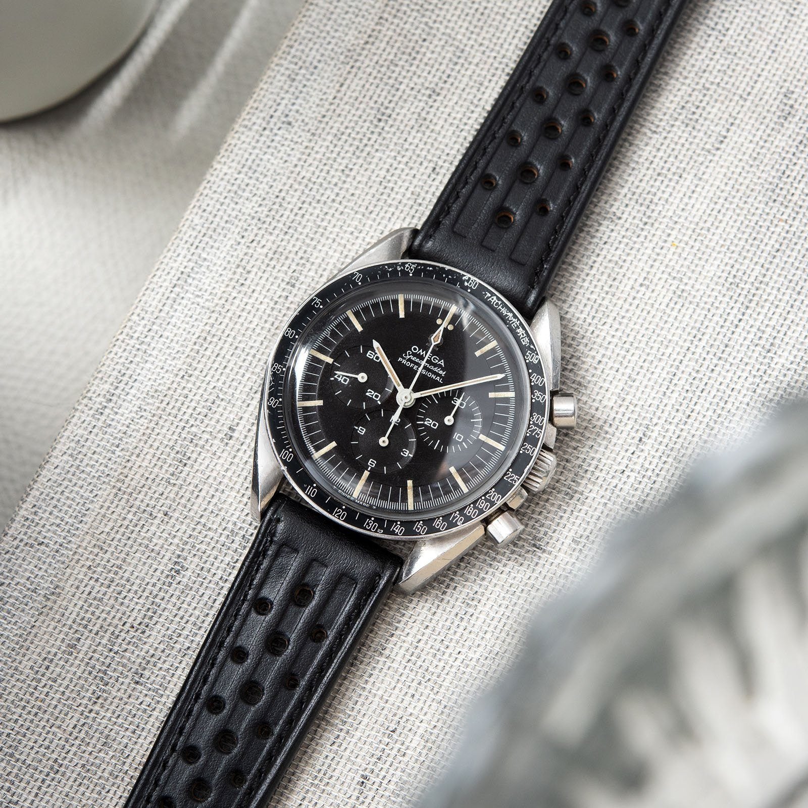 B&S Racing Black Speedy Leather Watch Strap on an Omega Seamaster