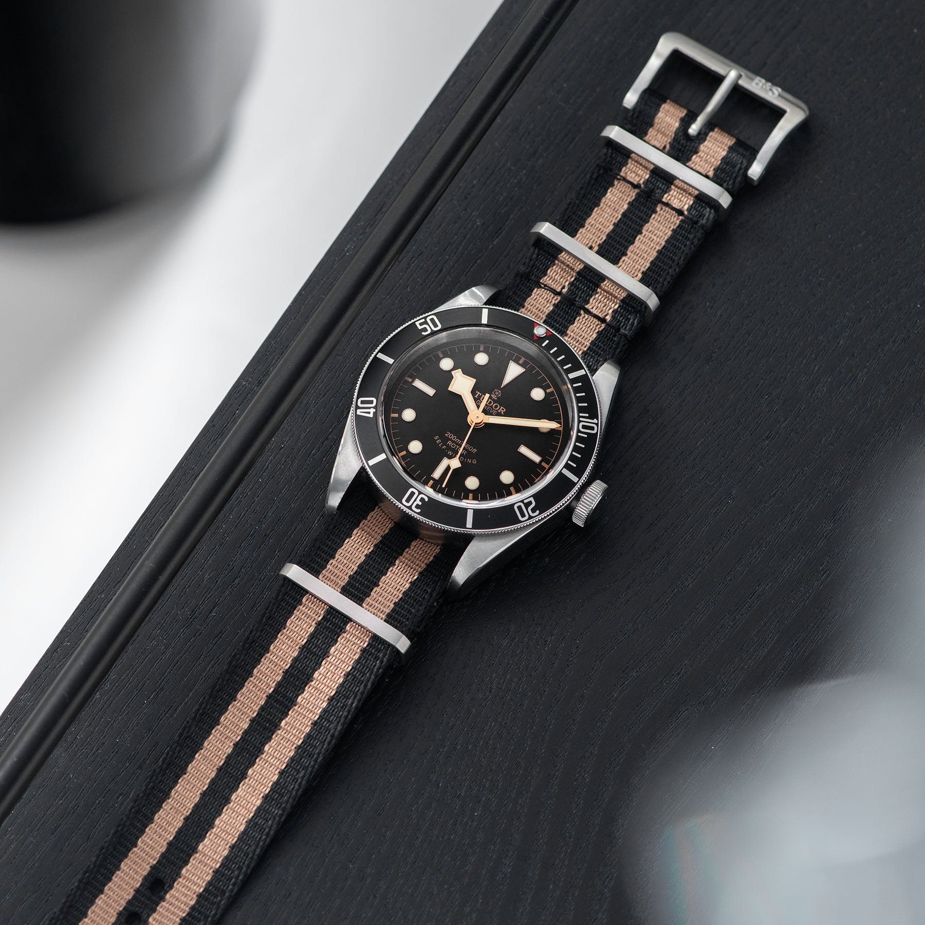 Deluxe Nylon Nato Watch Strap Black Two Stripe Bronze