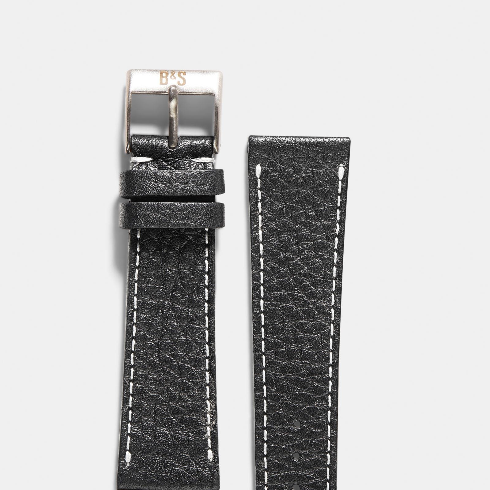 Rich black creme stitch leather watch strap